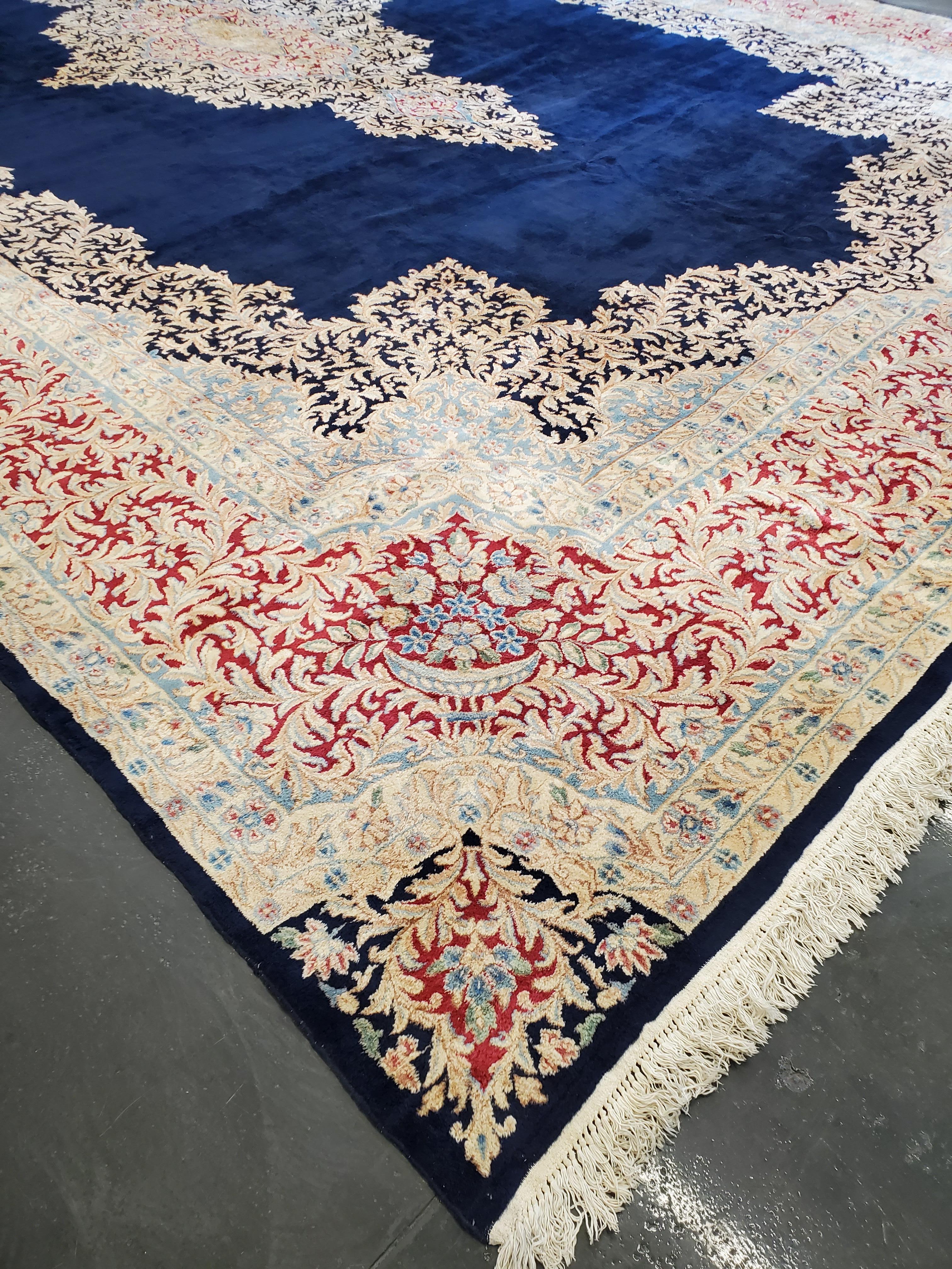 Other Antique Persian Kerman Oriental Carpet, Handmade Rug Navy, Ivory, Red, Soft Gold For Sale