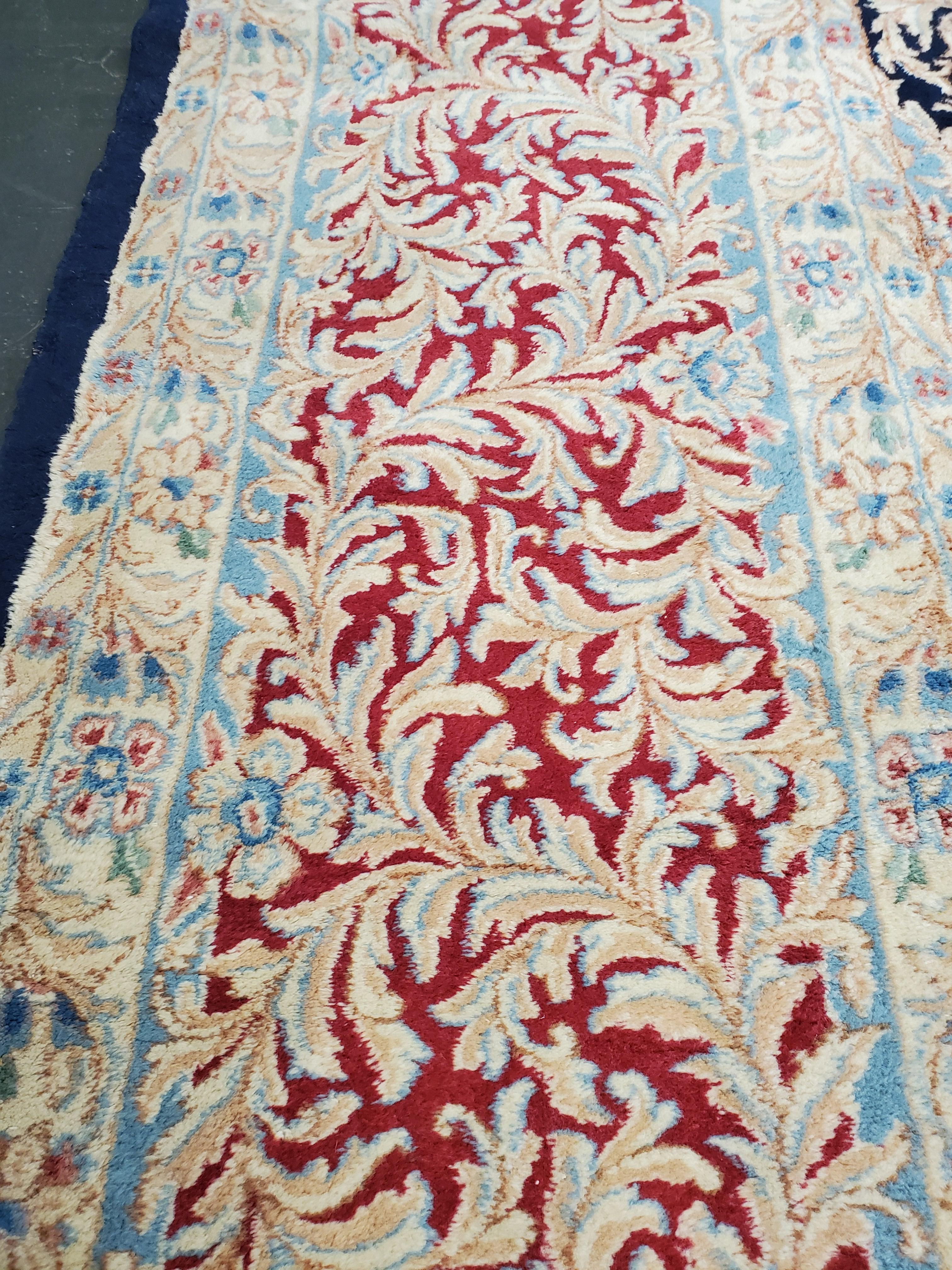 Hand-Knotted Antique Persian Kerman Oriental Carpet, Handmade Rug Navy, Ivory, Red, Soft Gold For Sale