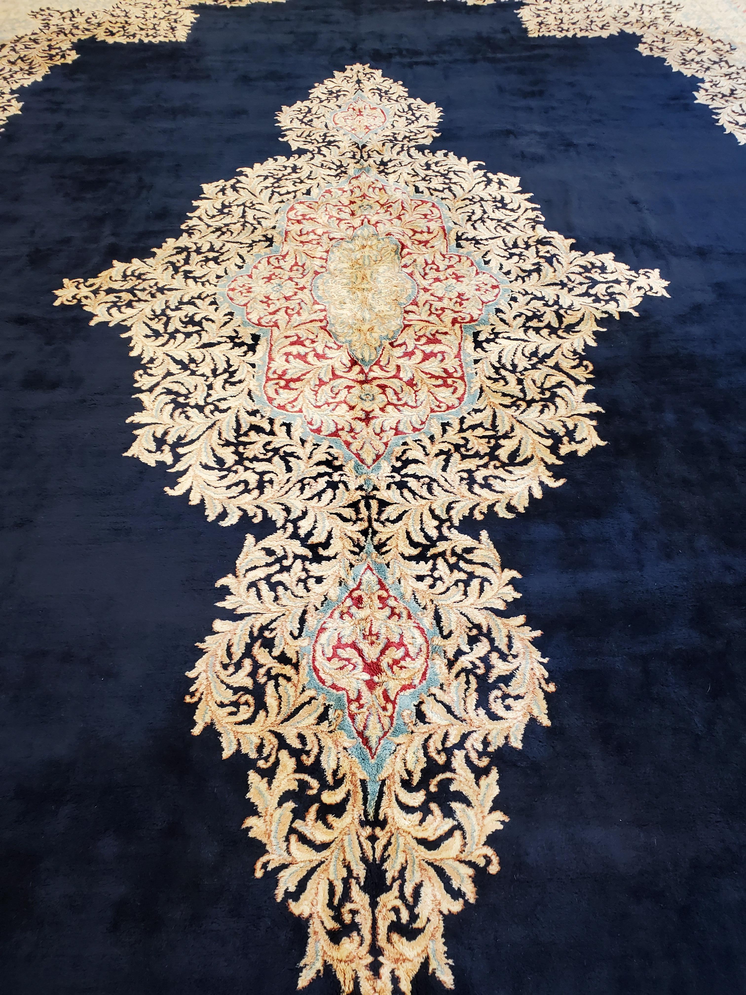 20th Century Antique Persian Kerman Oriental Carpet, Handmade Rug Navy, Ivory, Red, Soft Gold For Sale