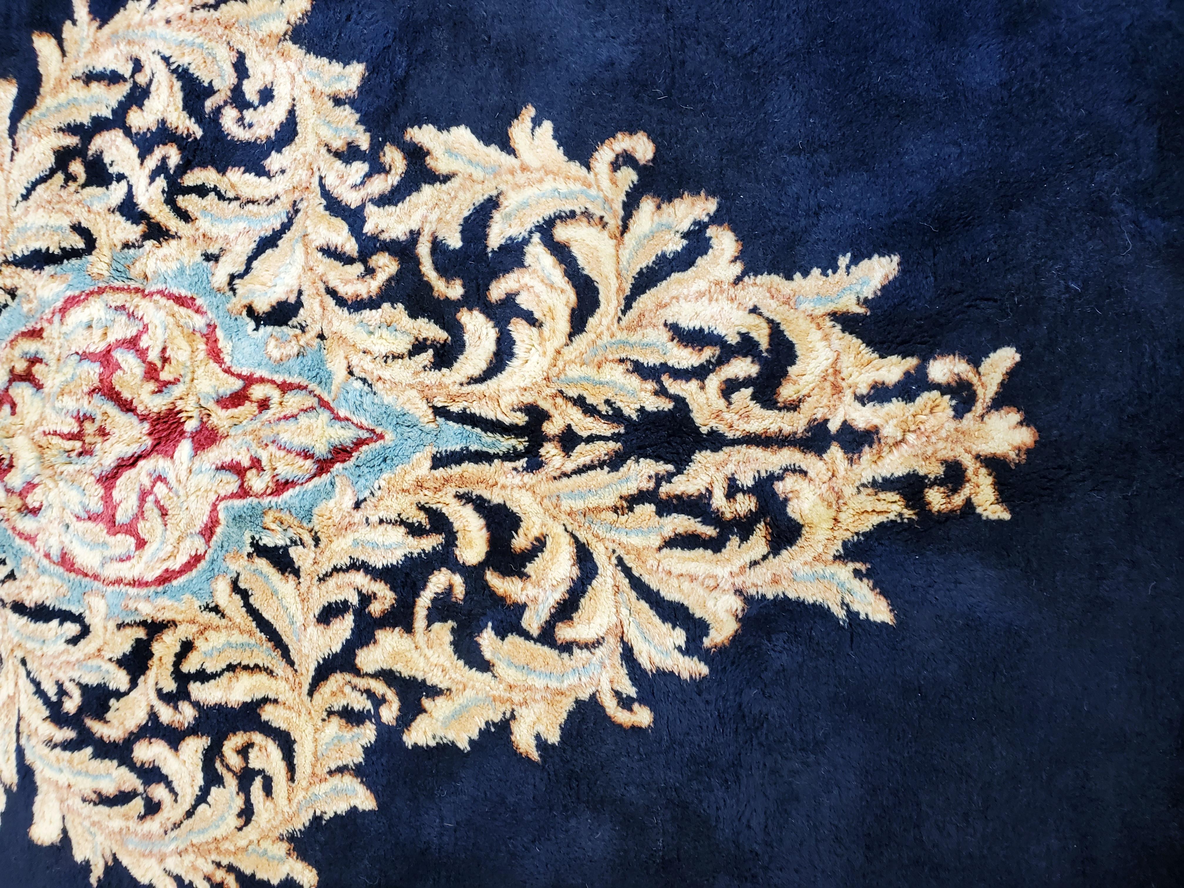 Antique Persian Kerman Oriental Carpet, Handmade Rug Navy, Ivory, Red, Soft Gold For Sale 1