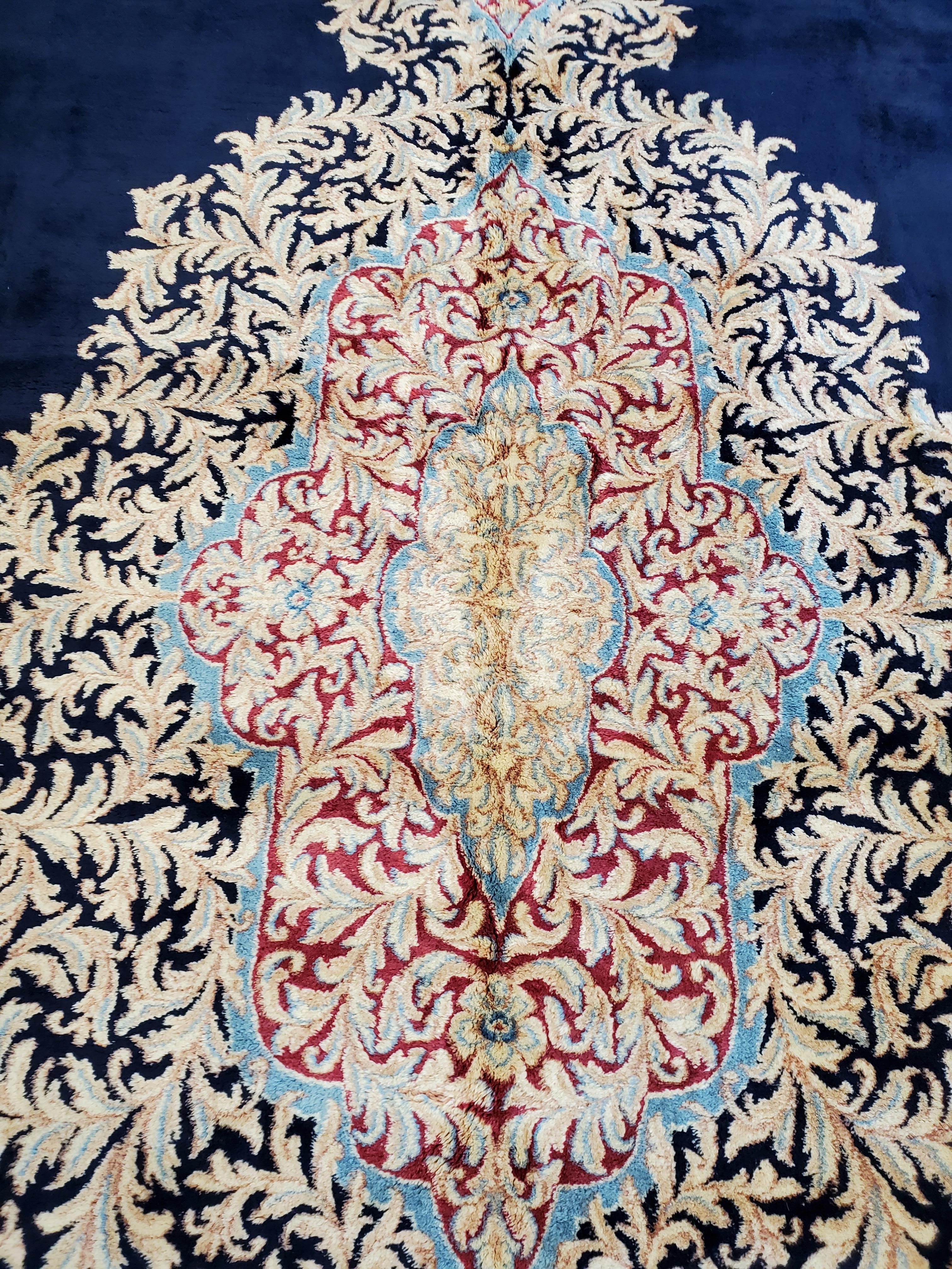 Antique Persian Kerman Oriental Carpet, Handmade Rug Navy, Ivory, Red, Soft Gold For Sale 2