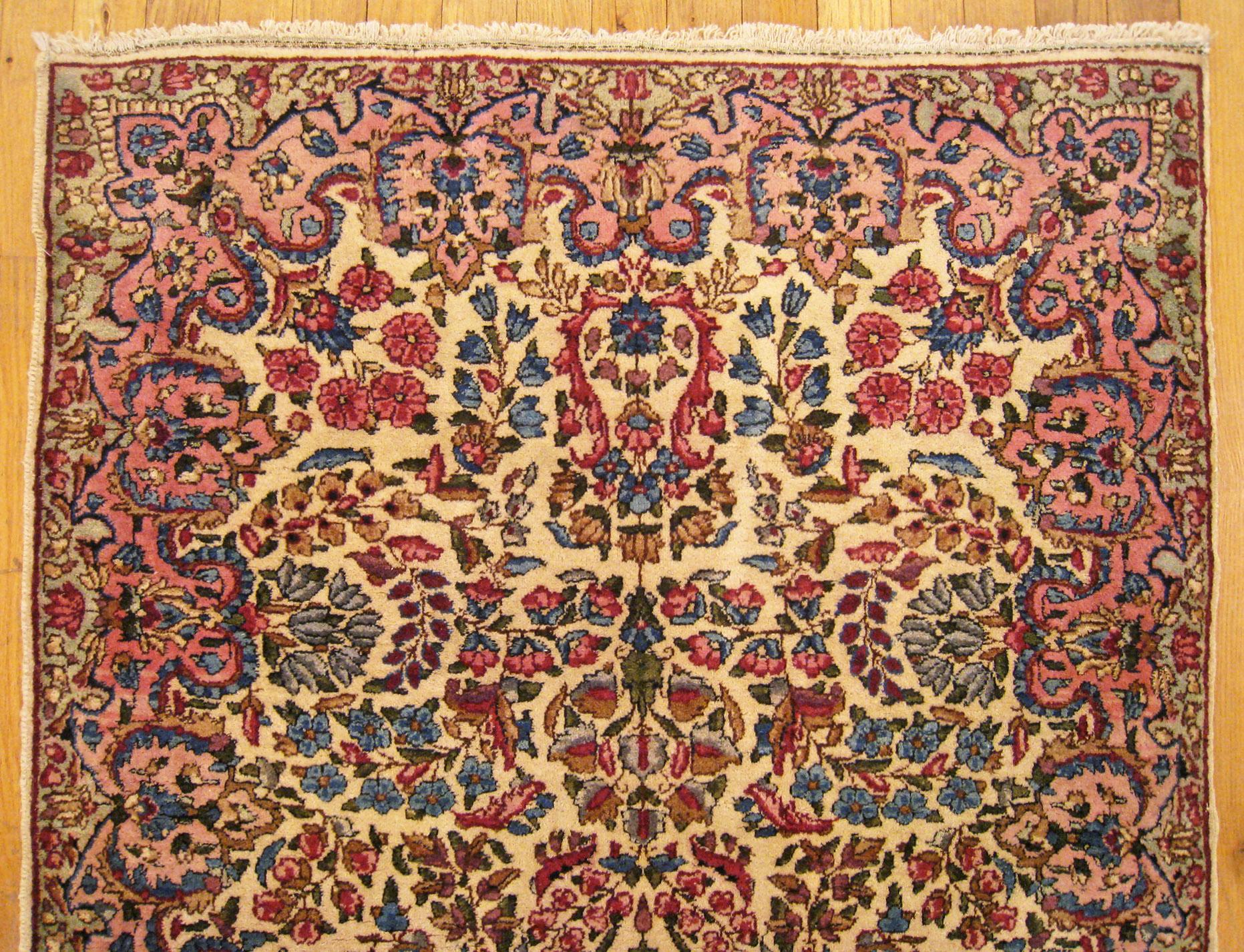 Wool Antique Persian Kerman Oriental Rug, in Small Size, with Ivory Field and Flowers