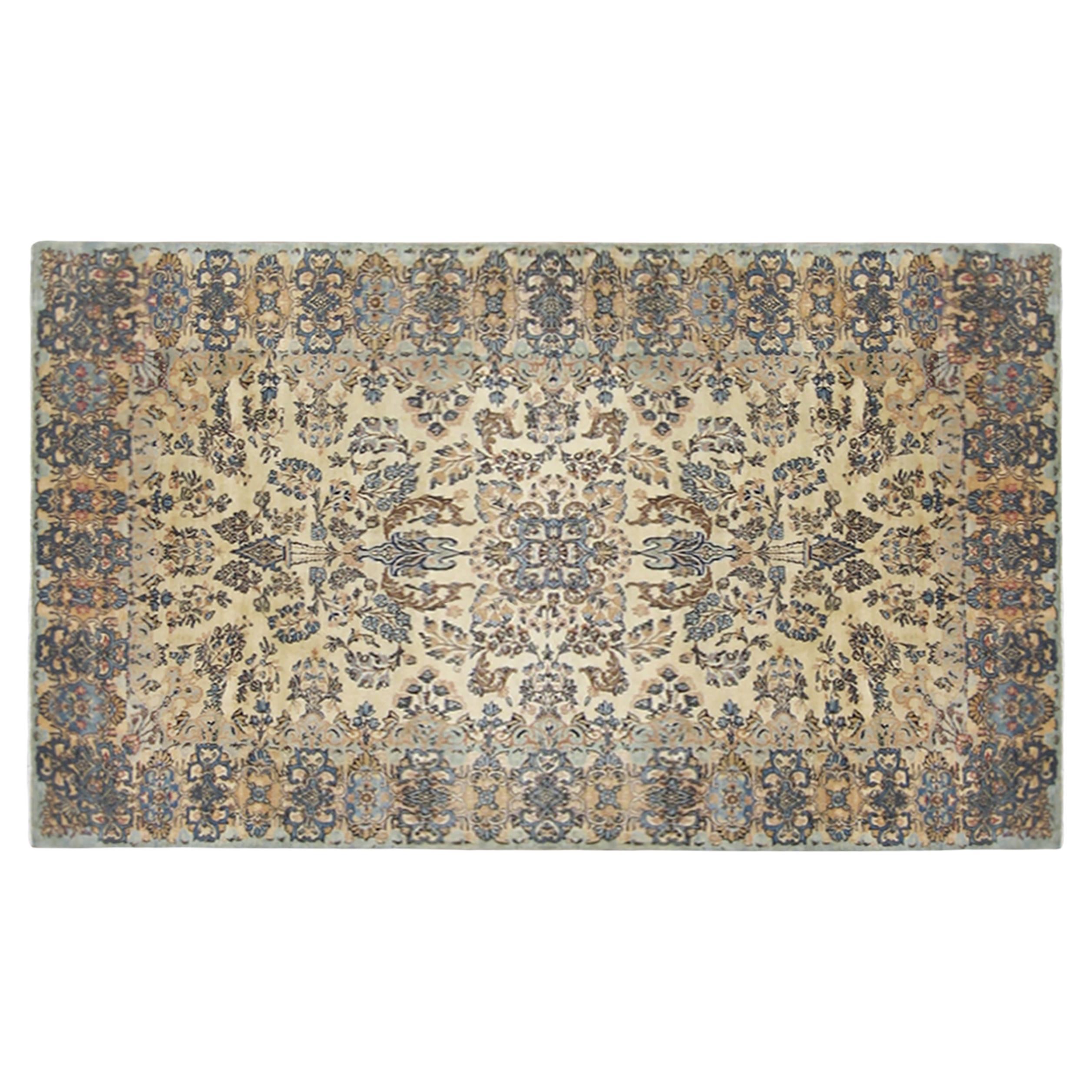 Alfombra Oriental Persa Antigua Kerman, Tamaño Habitación, con Elementos Florales