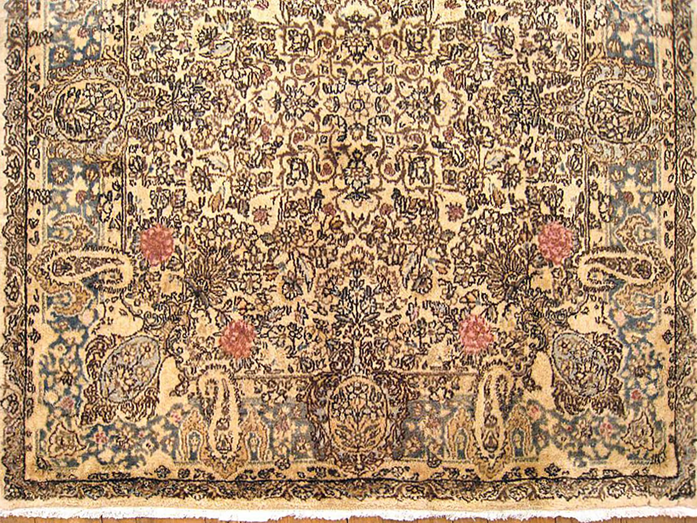 Hand-Knotted Antique Persian Kerman Oriental Rug, Small Size, with Floral Elements For Sale