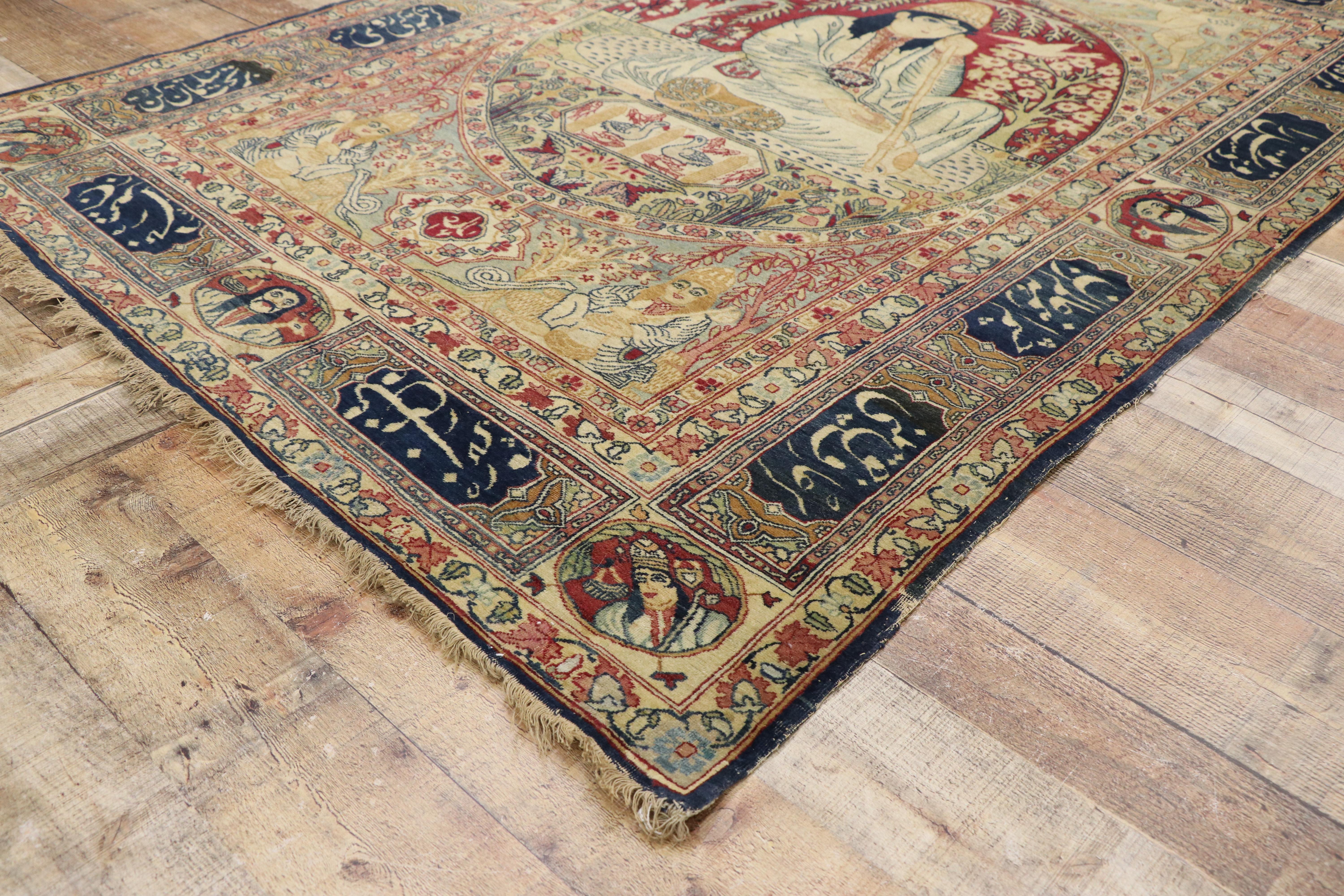 Alfombra pictórica persa antigua Kerman Derviche de 1880 Lana en venta