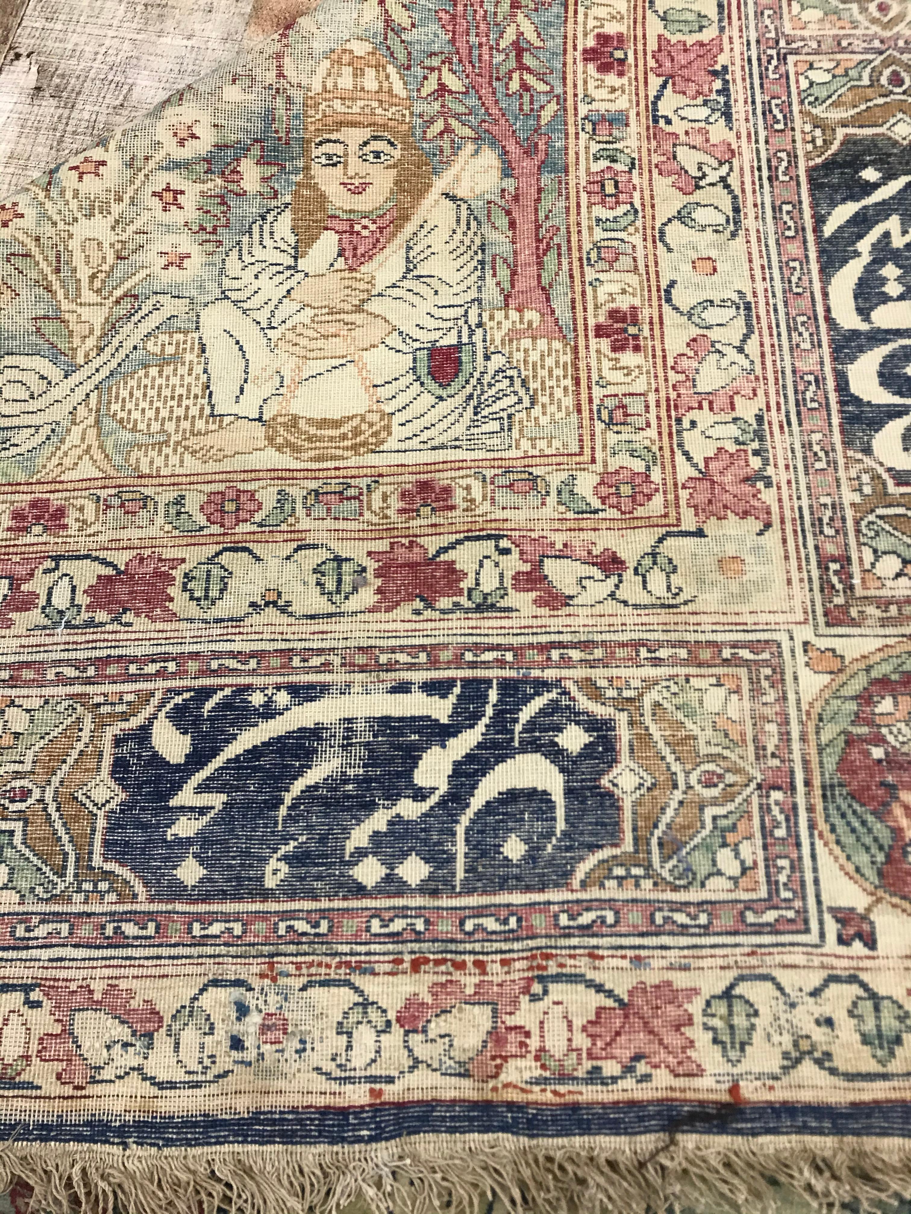 Antiker persischer Kerman-Bilderteppich, Dervish unter Weidenbaum-Wandteppich im Zustand „Gut“ im Angebot in Dallas, TX