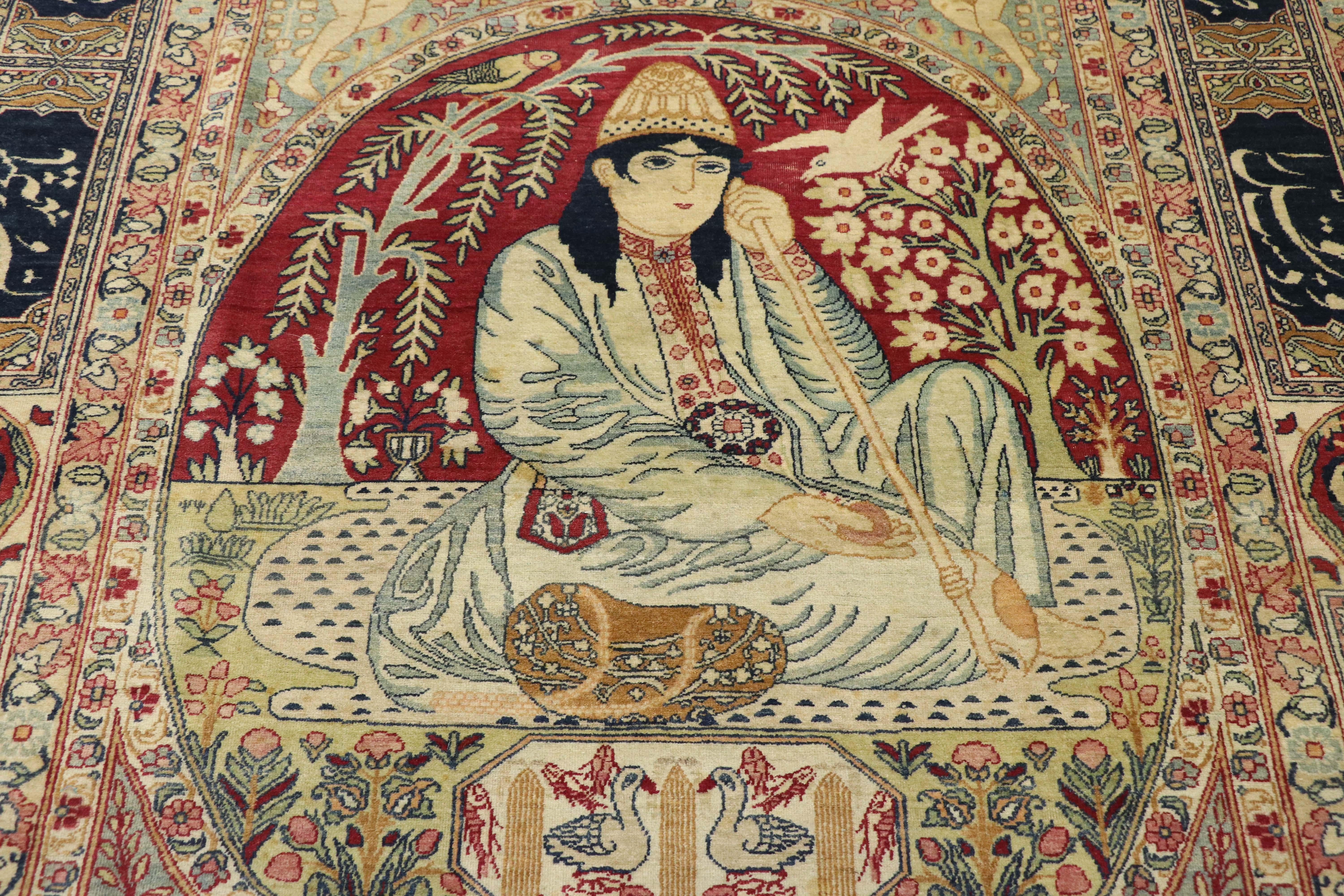 Antiker persischer Kerman-Bilderteppich, Dervish unter Weidenbaum-Wandteppich (Handgeknüpft) im Angebot