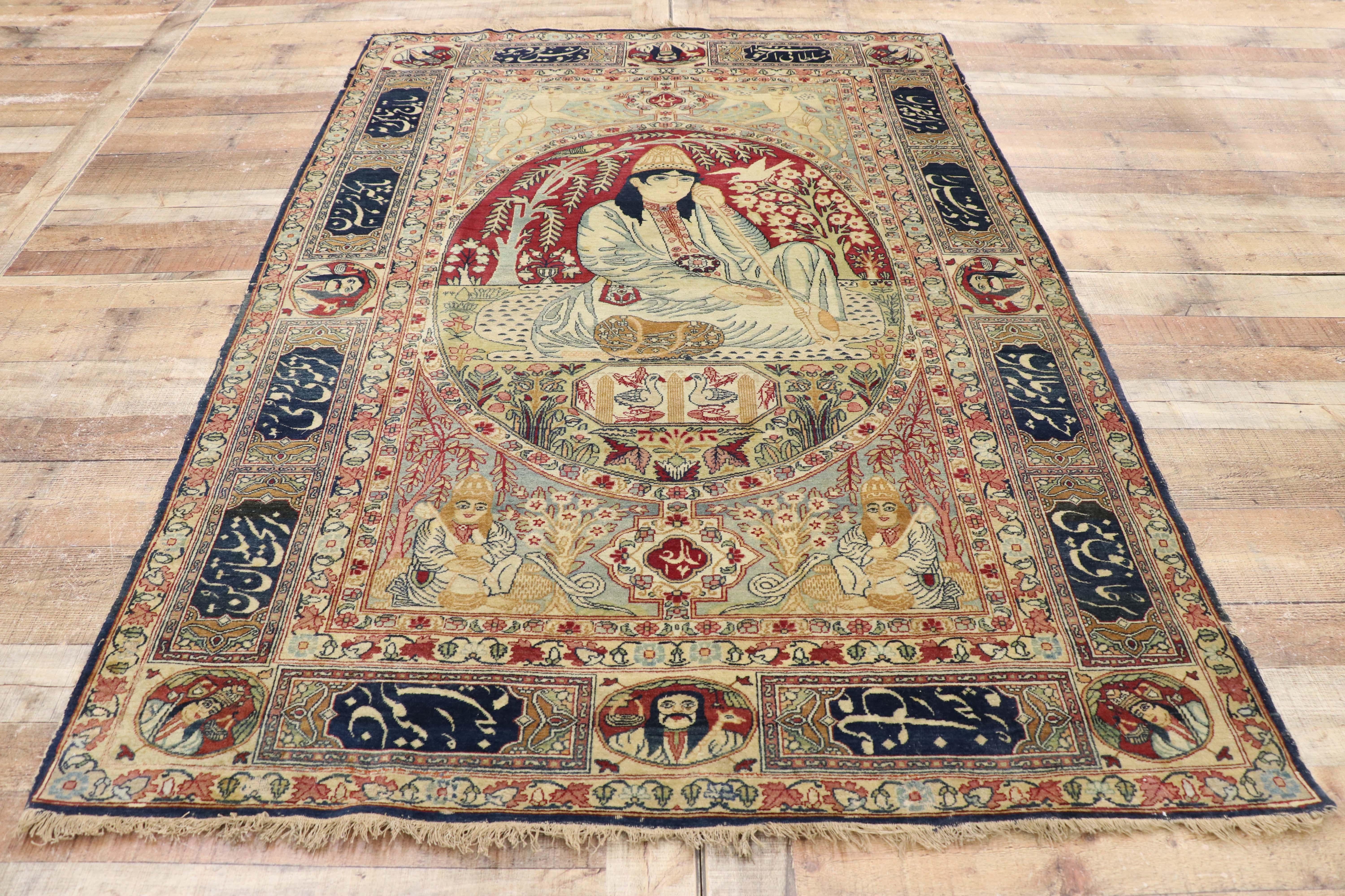 Wool Antique Persian Kerman Pictorial Rug, Dervish under Willow Tree Tapestry For Sale