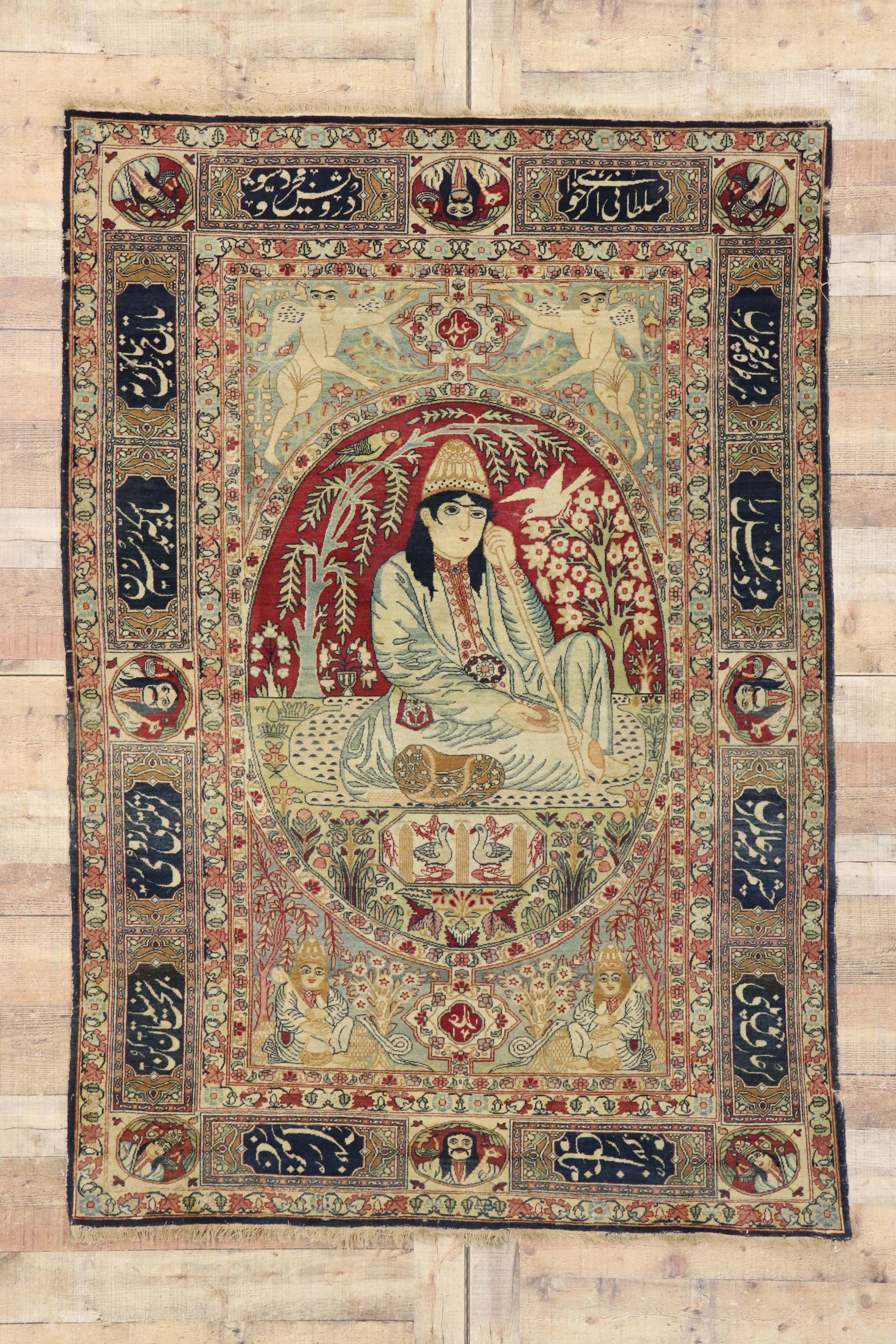Antiker persischer Kerman-Bilderteppich, Dervish unter Weidenbaum-Wandteppich im Angebot 3