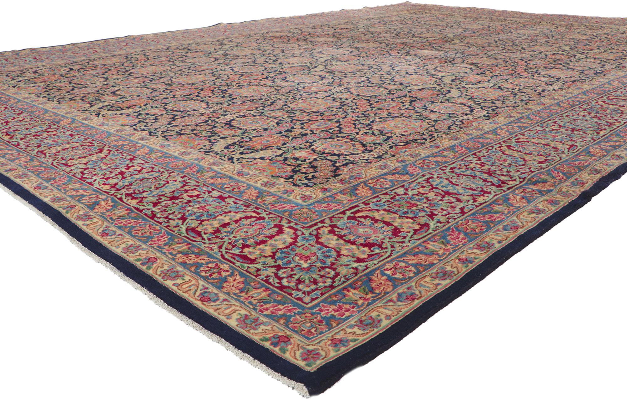 61210 Antique Persian Kerman Rug, 11'03 x 16'01. Opulence and grace combined with incredible detail and texture, this hand knotted wool antique Persian Kerman rug is a captivating vision of woven beauty. The allover botanical design and