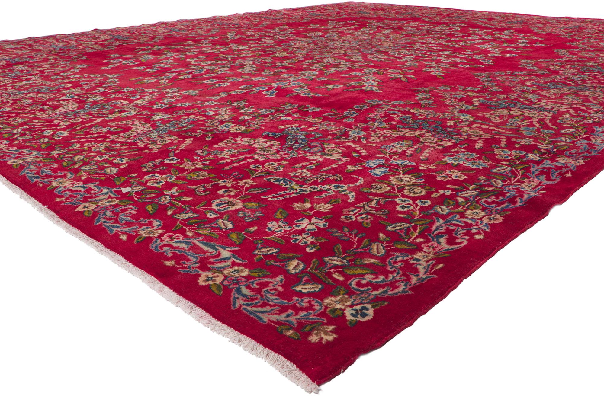 61209 Antique Red Persian Kerman Rug, 13'00 x 16'00. Imagine stepping into a world of enchantment with the allure of red Persian Kerman rugs, woven into existence in the heart of Kerman, Iran. Their rich red hues, reminiscent of passion and