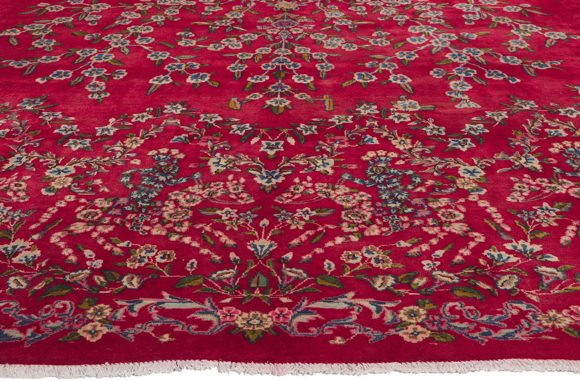 Hand-Knotted Antique Red Persian Floral Kerman Carpet, 13'00 ft x 16'00 ft