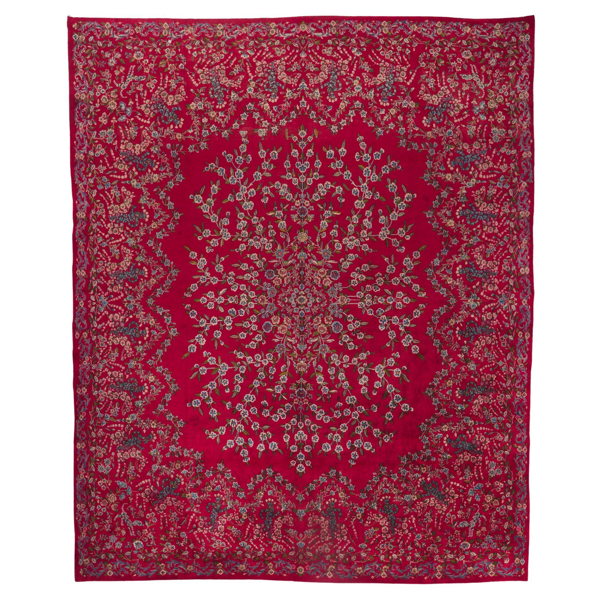 Antique Red Persian Floral Kerman Carpet, 13'00 ft x 16'00 ft