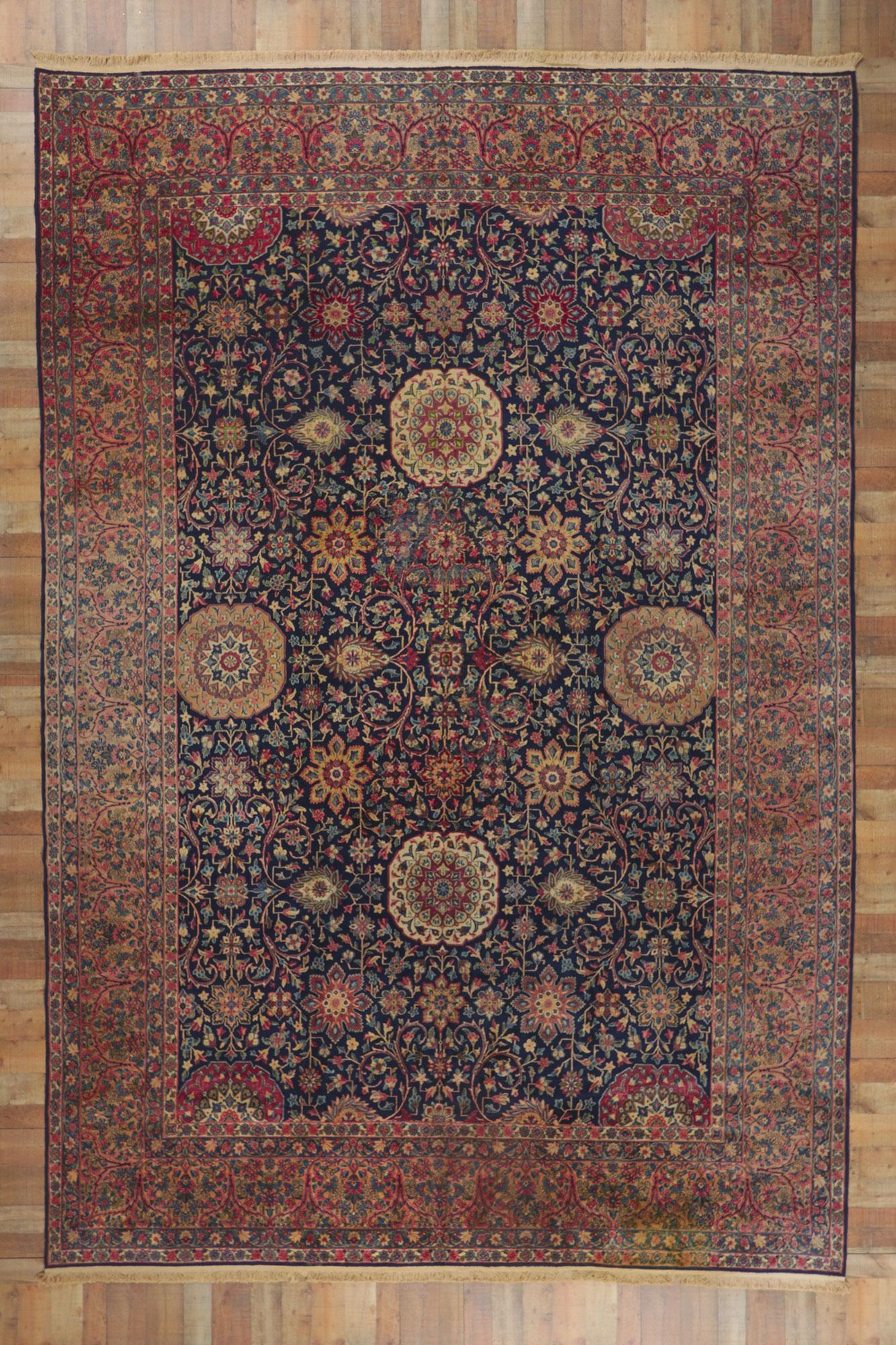 Hand-Knotted Antique Persian Kerman Rug Hotel Lobby Size Carpet For Sale