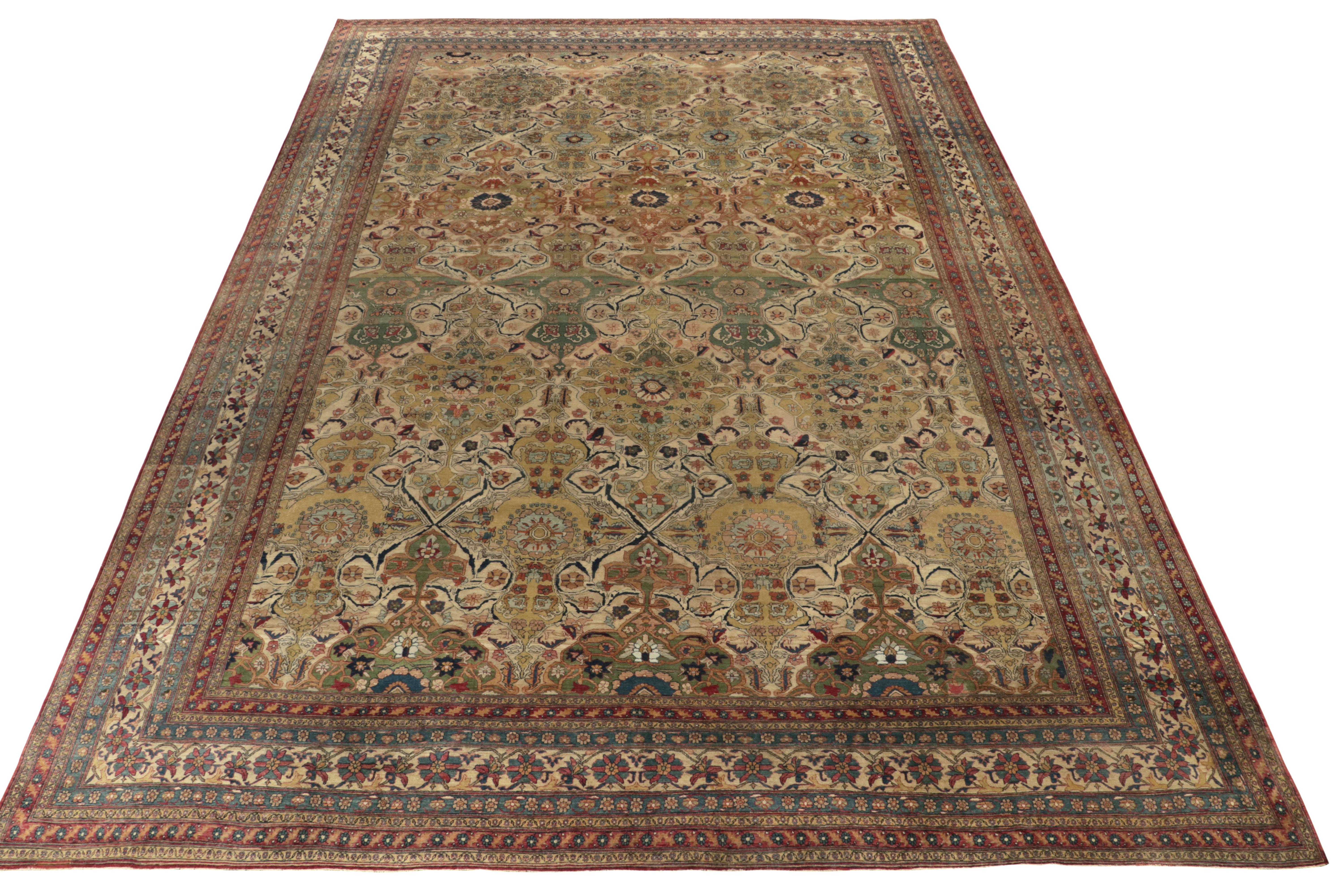 From Rug & Kilim’s coveted antique curations, a gracious 12x17 Kerman Lavar rug originating from Persia circa 1910-1920. 

This gorgeous traditional piece revels in a rare colorway accenting the prevalent beige-brown, green & tones of blue to