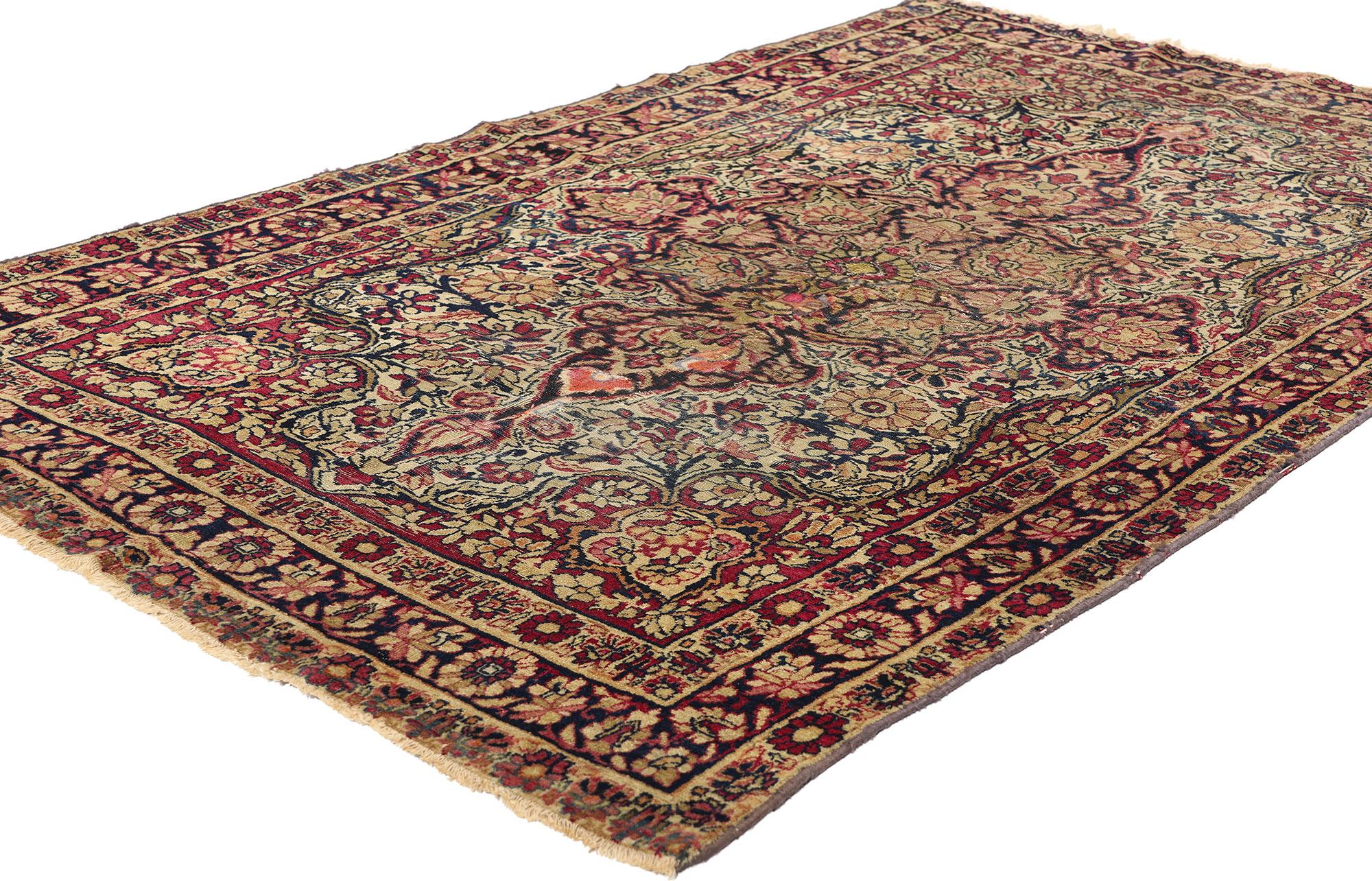 78761 Distressed Antique Persian Kerman Rug, 03'10 x 06'02. The legacy of Kerman rugs originates from the heart of south-central Iran, within the historic city of Kerman. This bustling center of weaving embodies centuries-old artistry, crafting