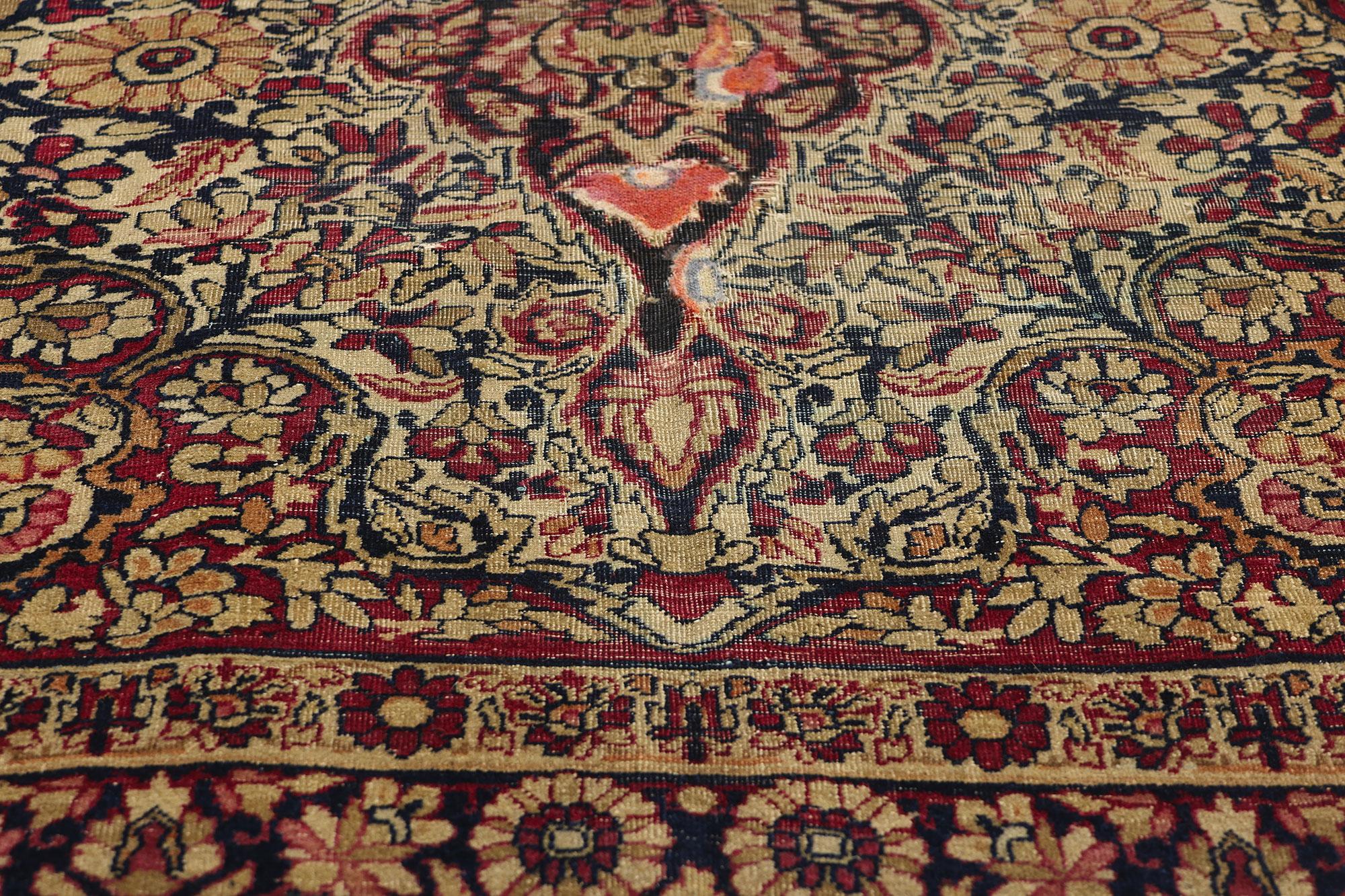 Antique Persian Kerman Rug, Quiet Luxury Meets Classic Elegance In Distressed Condition For Sale In Dallas, TX