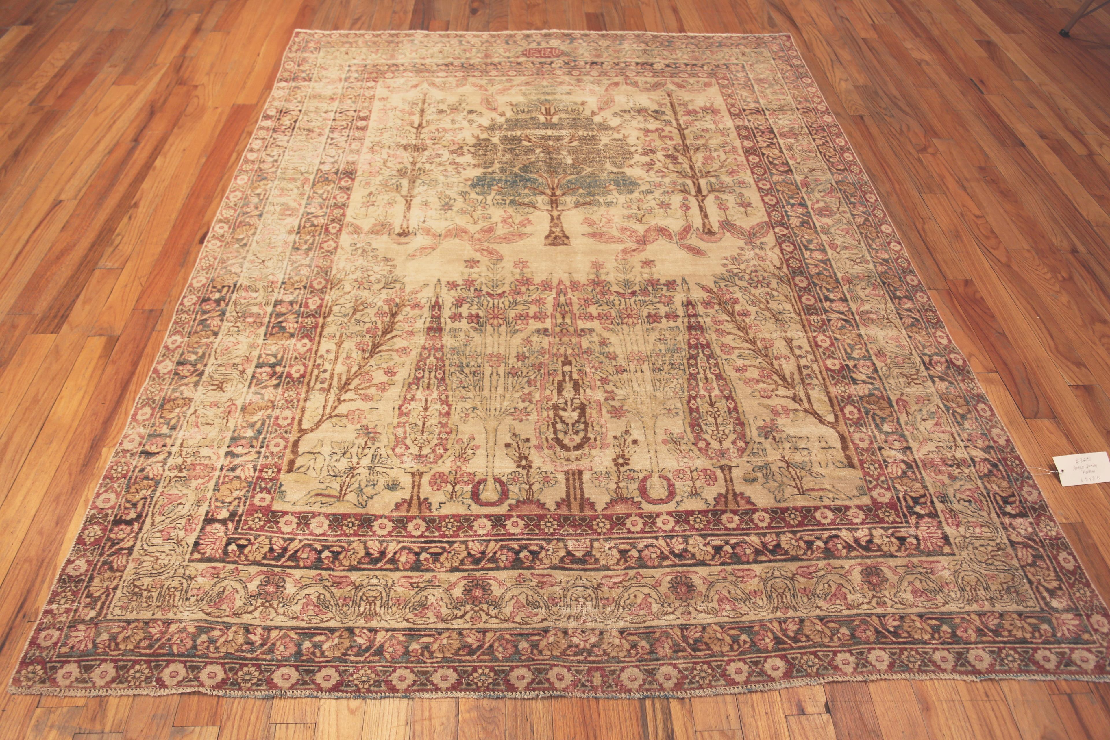 Fine Floral Antique Persian Kerman Tree Of Life Rug Signed “Taftanchian”. Country of Origin: Persia, Circa date: 1900. Size: 6 ft 8 in x 8 ft 8 in (2.03 m x 2.64 m)

