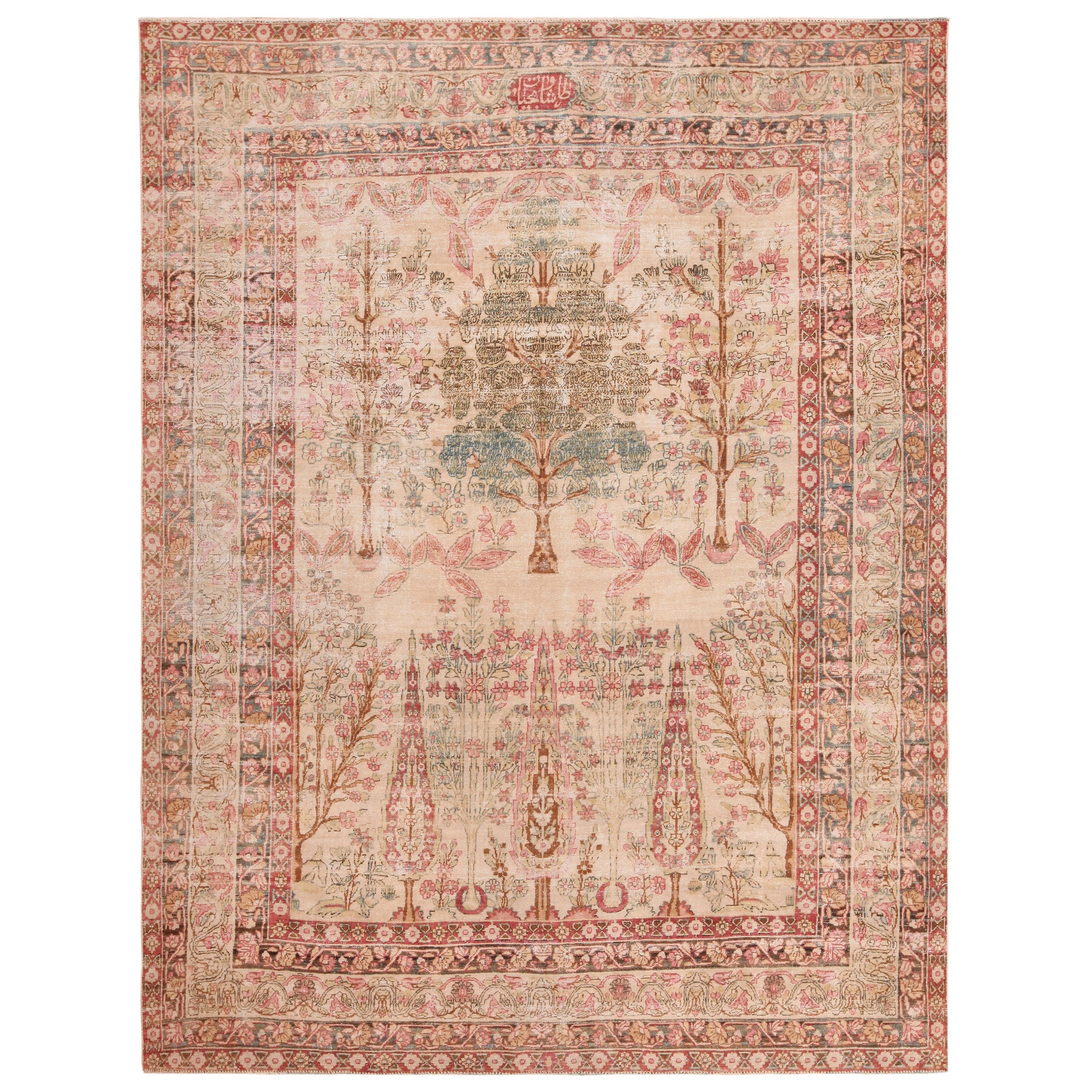 Antigua alfombra persa Kerman firmada "Taftanchian". 6 pies 8 pulgadas x 8 pies 8 pulgadas en venta