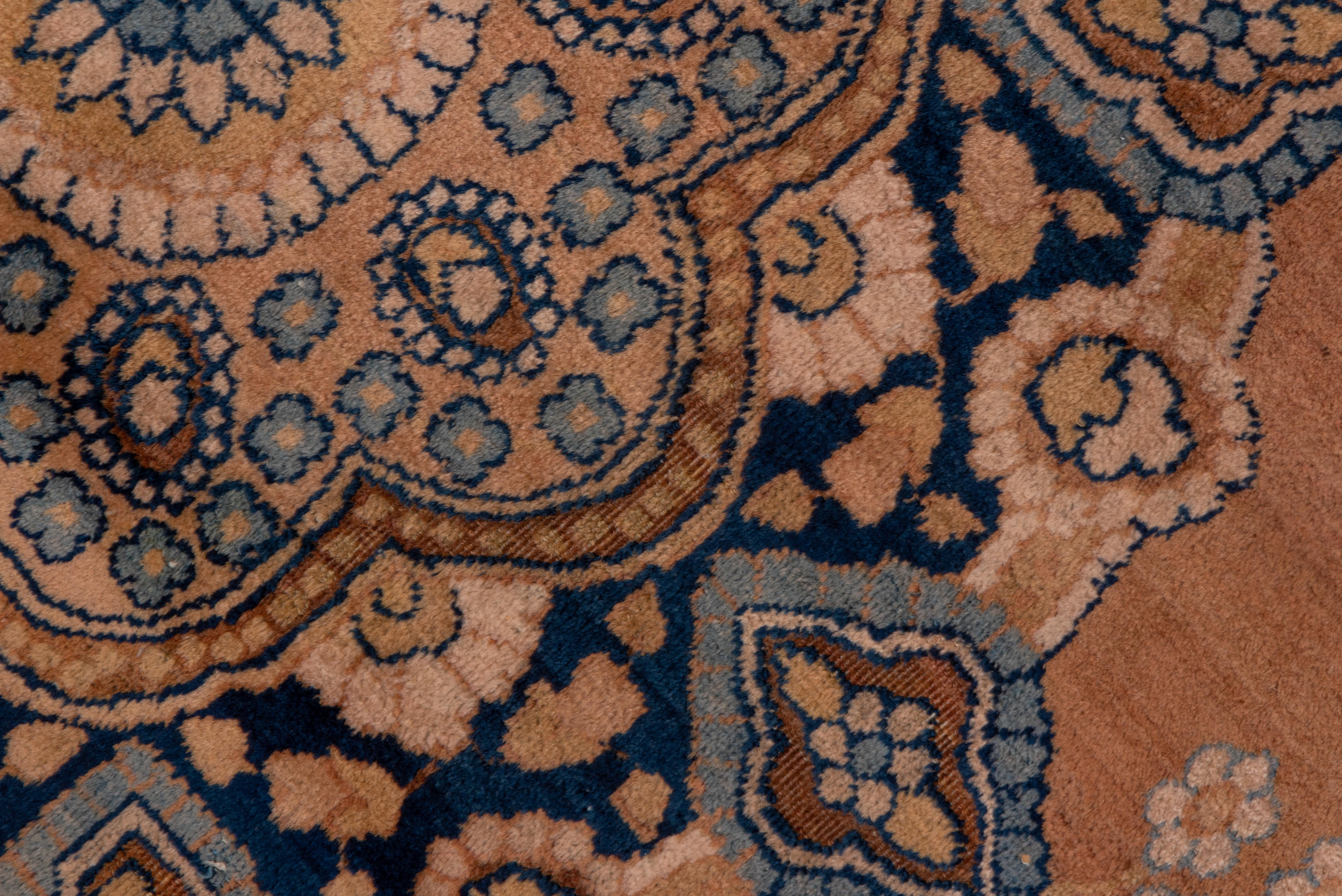 Wool Antique Persian Kerman Rug, Soft Orange Field, Blue Accents