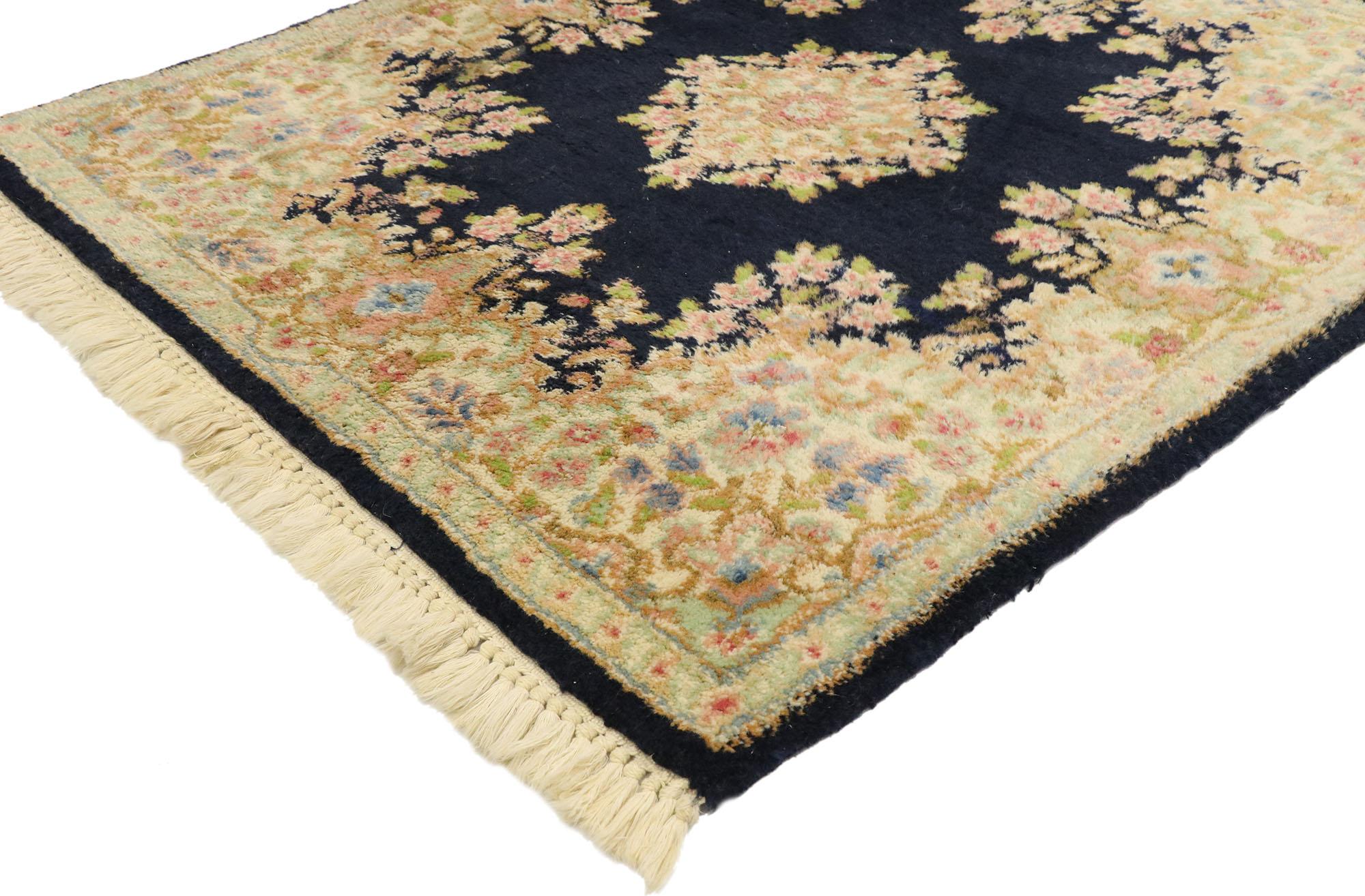 77462, antique Persian Kerman rug with Baroque style, small accent rug. Sure to captivate the most discerning aesthete, this hand knotted wool antique Persian Kerman rug is the epitome of tradition and luxe Baroque style in one. A stunning testament