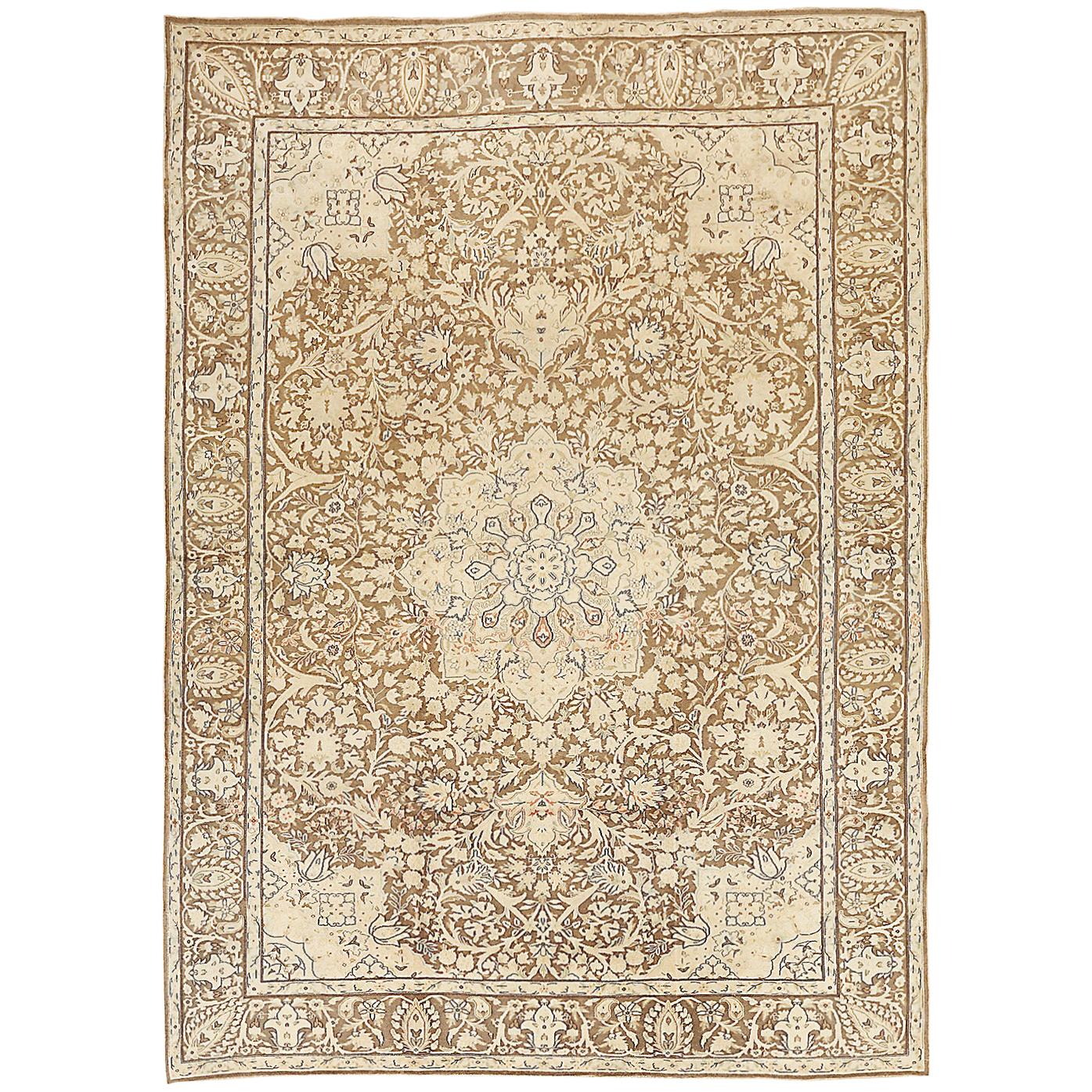Antique Persian Kerman Rug with Black and Beige Floral Motif on Ivory Field For Sale