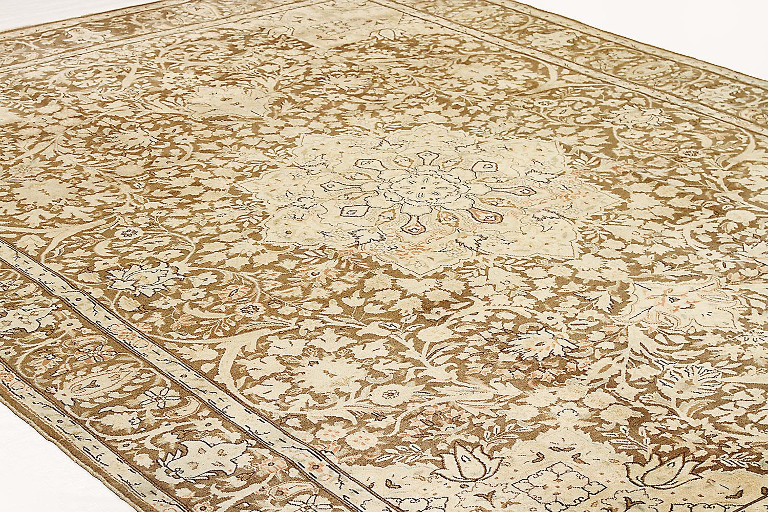 Other Antique Persian Kerman Rug with Black and Beige Floral Motif on Ivory Field For Sale