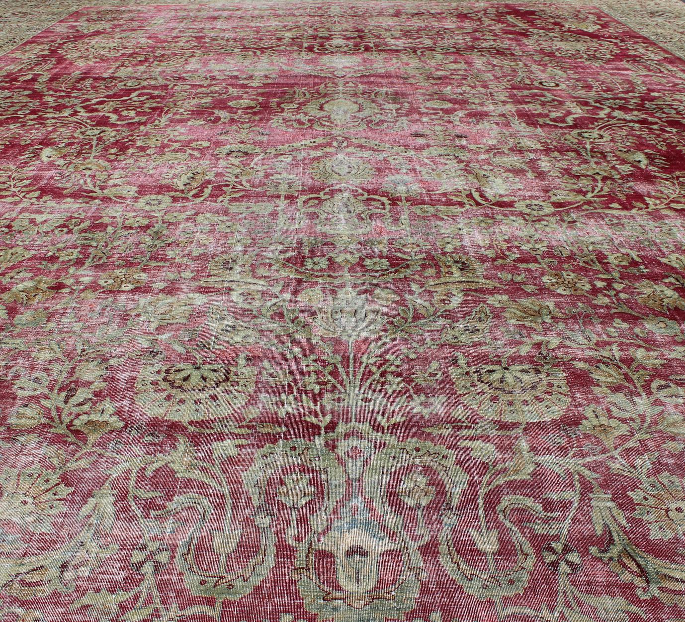 Distressed Antique Persian Lavar Kerman Rug in All-Over Intricate Floral Design For Sale 5