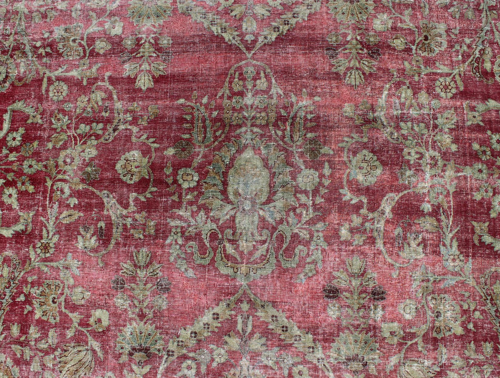 Distressed Antique Persian Lavar Kerman Rug in All-Over Intricate Floral Design For Sale 6