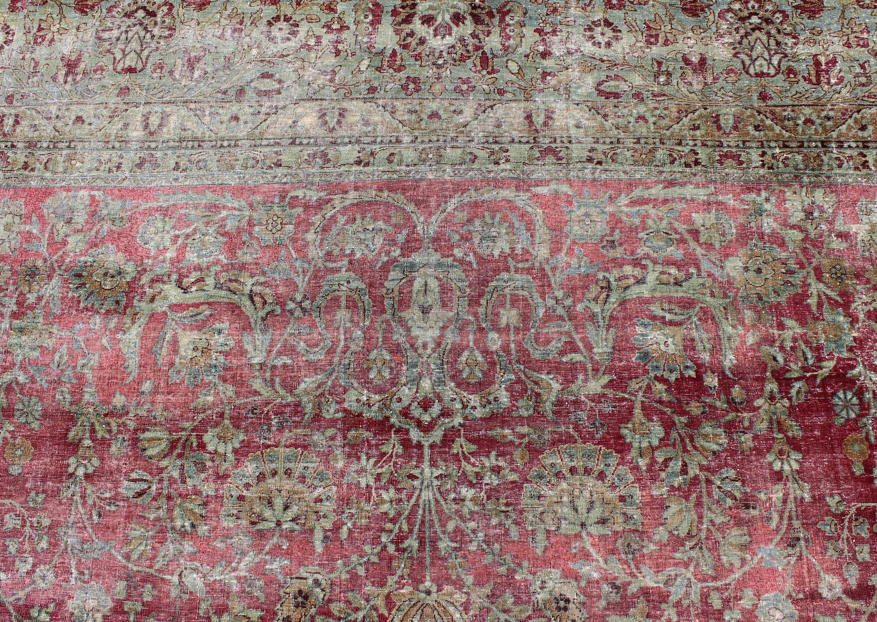 Distressed Antique Persian Lavar Kerman Rug in All-Over Intricate Floral Design For Sale 7