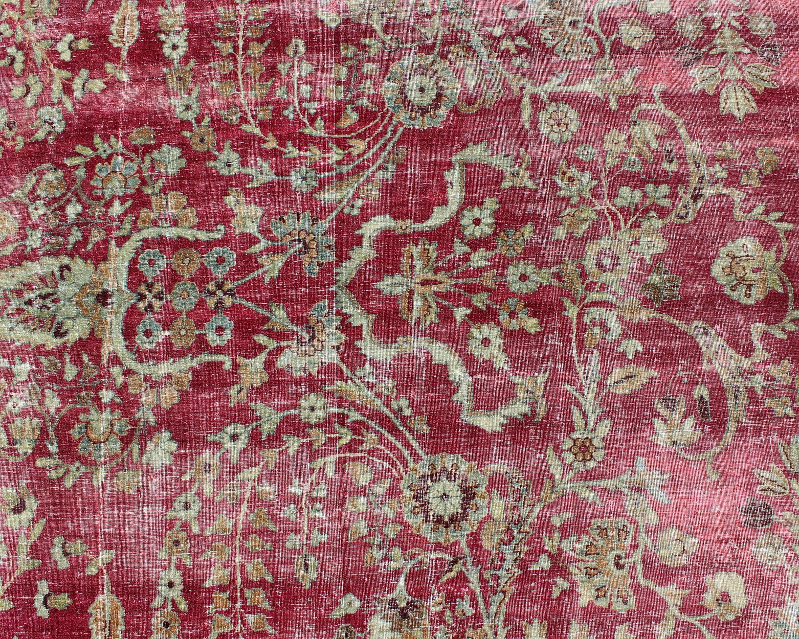 Distressed Antique Persian Lavar Kerman Rug in All-Over Intricate Floral Design For Sale 8
