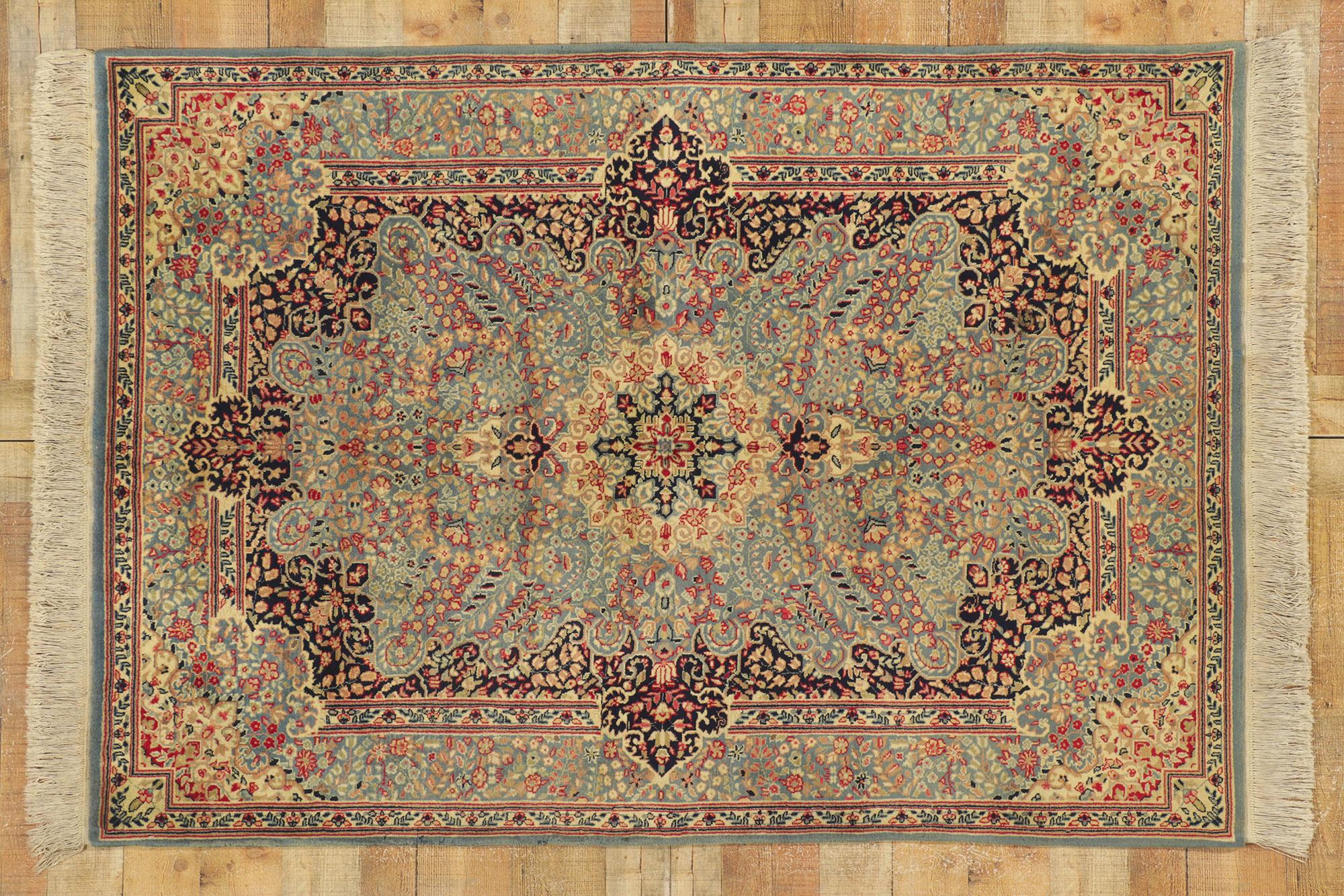 21681 Antique Persian Kerman Rug, 04'07 x 06'07. Sophisticated and refined with a Victorian style, this hand knotted wool antique Persian Kerman rug charms with ease. Taking centre stage is a concentric eight-point cusped medallion anchored with