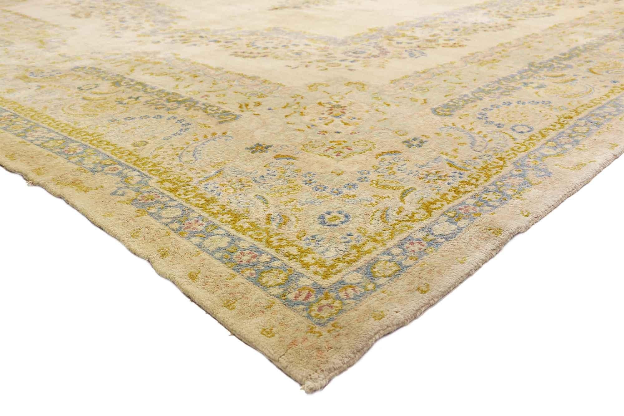 71953 Antique Persian Kerman Rug, 11'05 x 18'07.
Luxe Baroque meets Bridgerton Regencycore ​in this antique Persian Kerman rug. The intricate floral design and soft pastel colors woven into this piece work together cultivating the exquisite delicacy