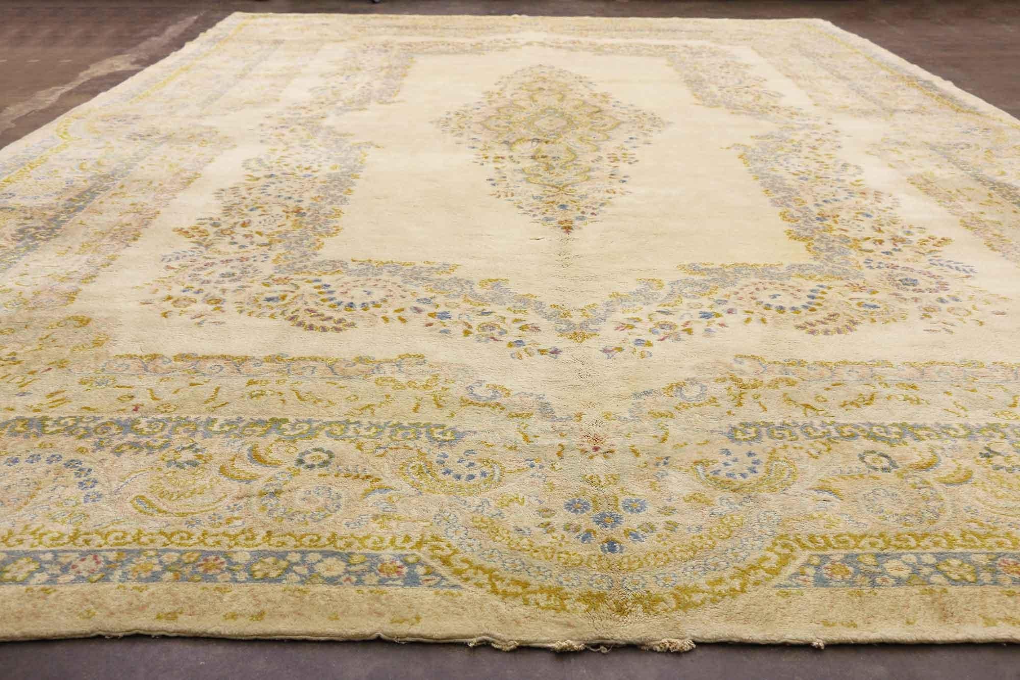 Wool Oversized Antique Persian Kerman Rug, Baroque Meets Bridgerton Regencycore For Sale