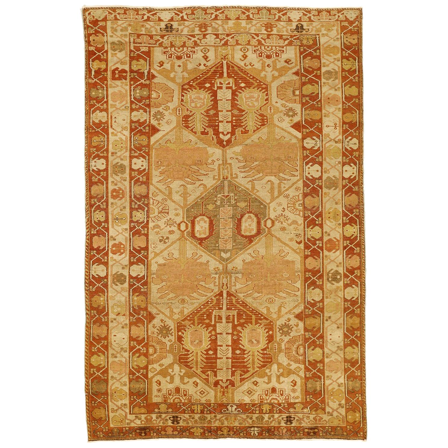 Antique Persian Kerman Rug with Red and Beige Botanical Motif on Ivory Field For Sale