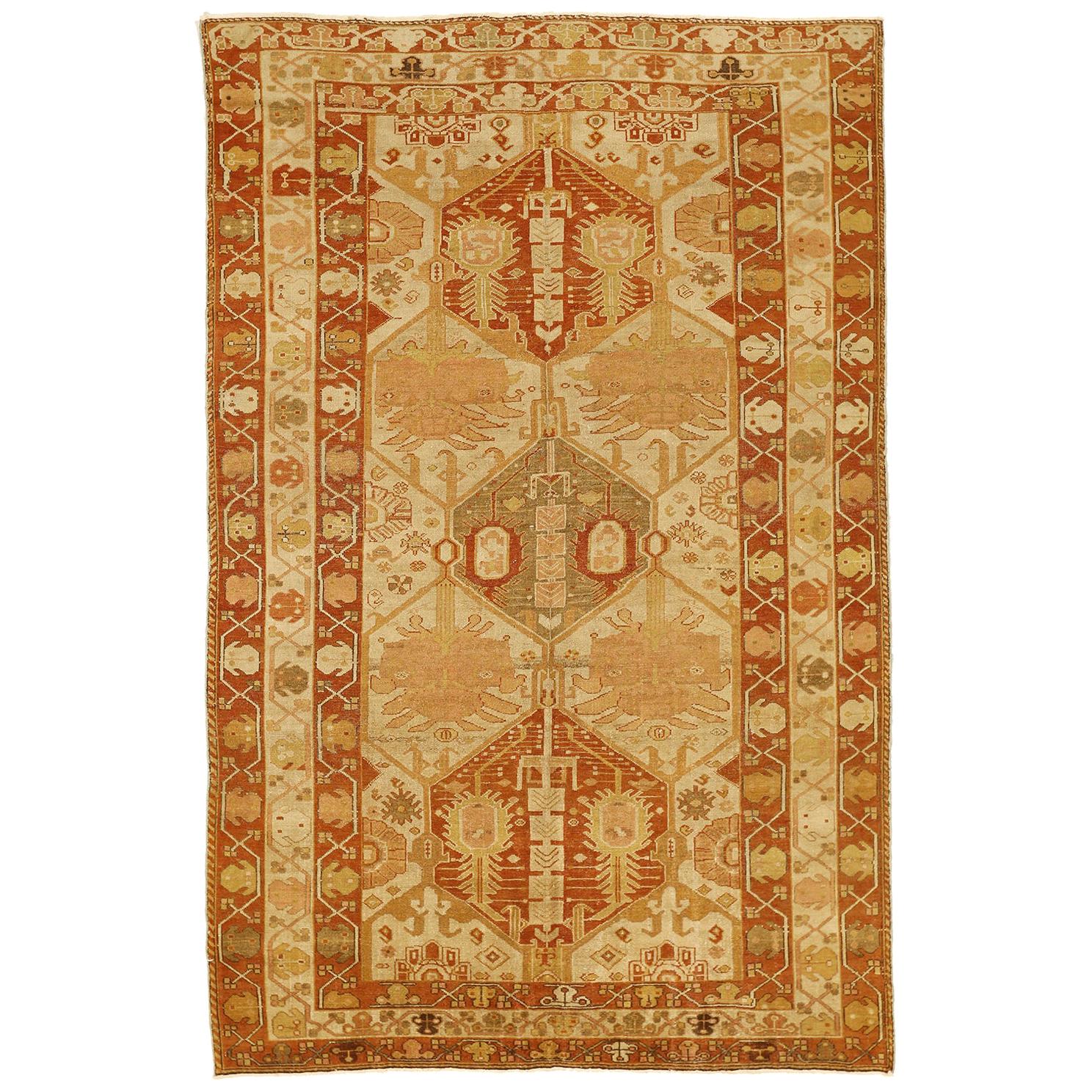 Antique Persian Kerman Rug with Red and Beige Botanical Motif on Ivory Field