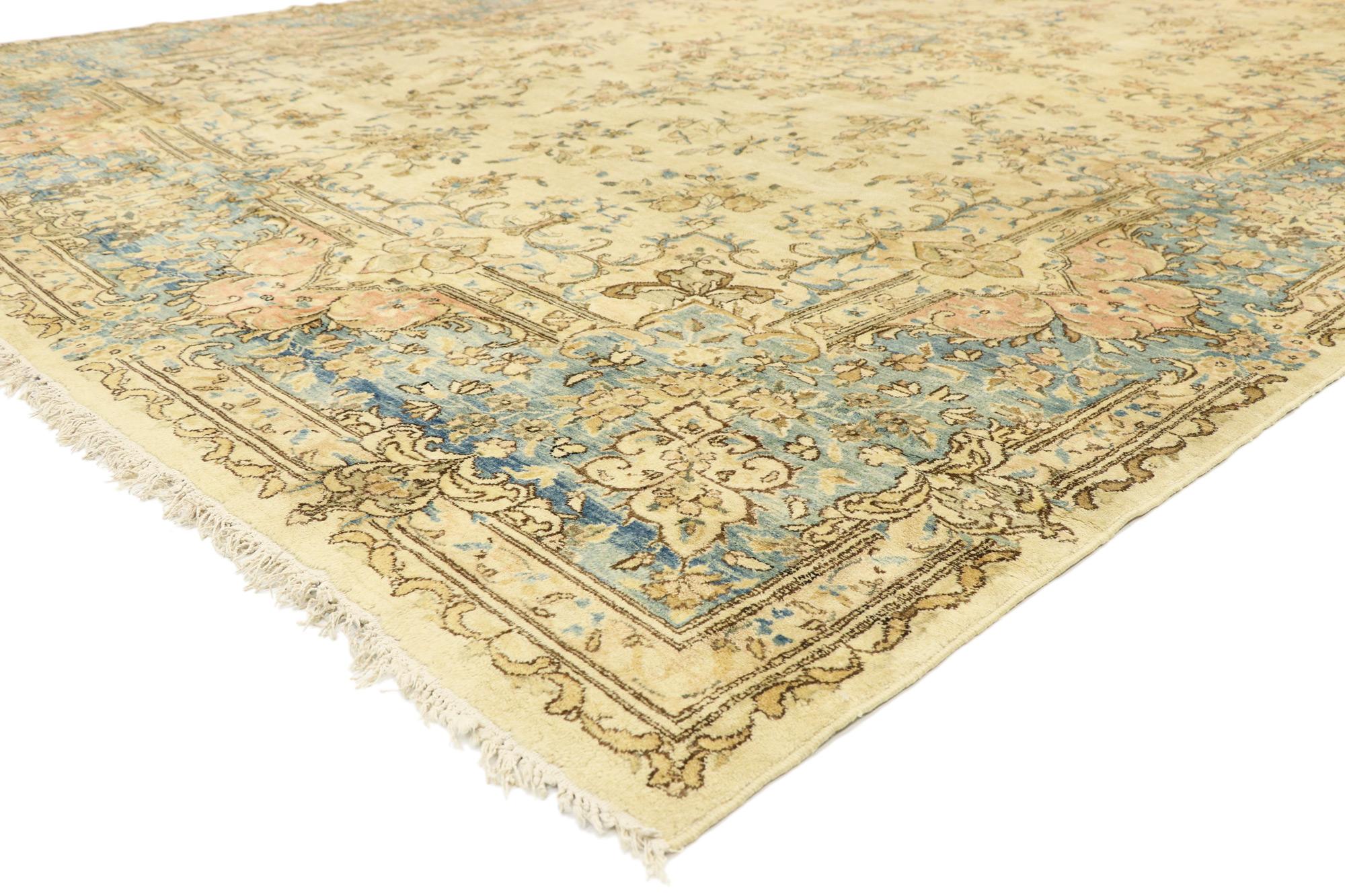 73996 Vintage Persian Kerman Rug with Rustic French Provincial Style, Persian Kirman Area Rug 08'09 X 12'06. From casual elegance to fresh and formal, relish the refinement in this hand-knotted wool vintage Persian Kerman rug (Kirman) rug. Its soft