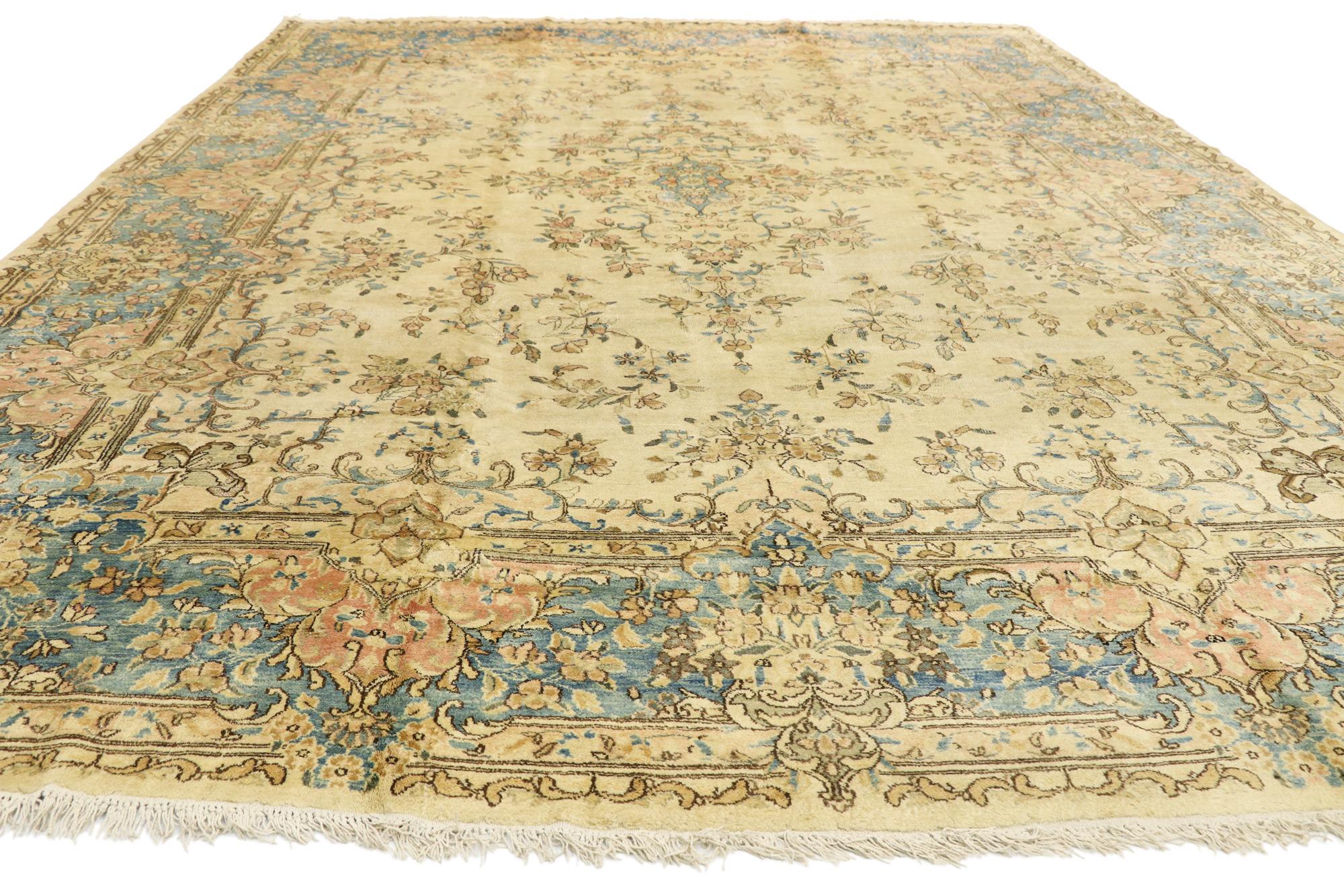 Kirman Antique Persian Kerman Rug with Soft Pastel Colors and Decorative Elegance For Sale