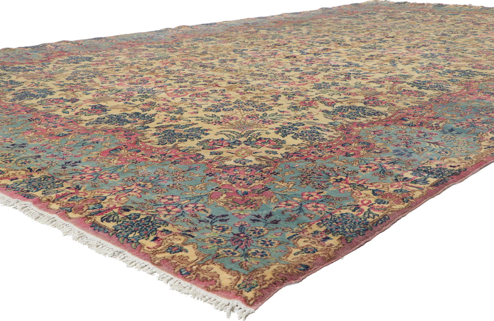 77651 Antique Persian Kerman Rug, 09'07 x 16'03. From the enchanting heart of south-central Iran emerges the legacy of Kerman rugs, woven into existence within the storied city of Kerman. This bustling hub of weaving stands as a testament to the