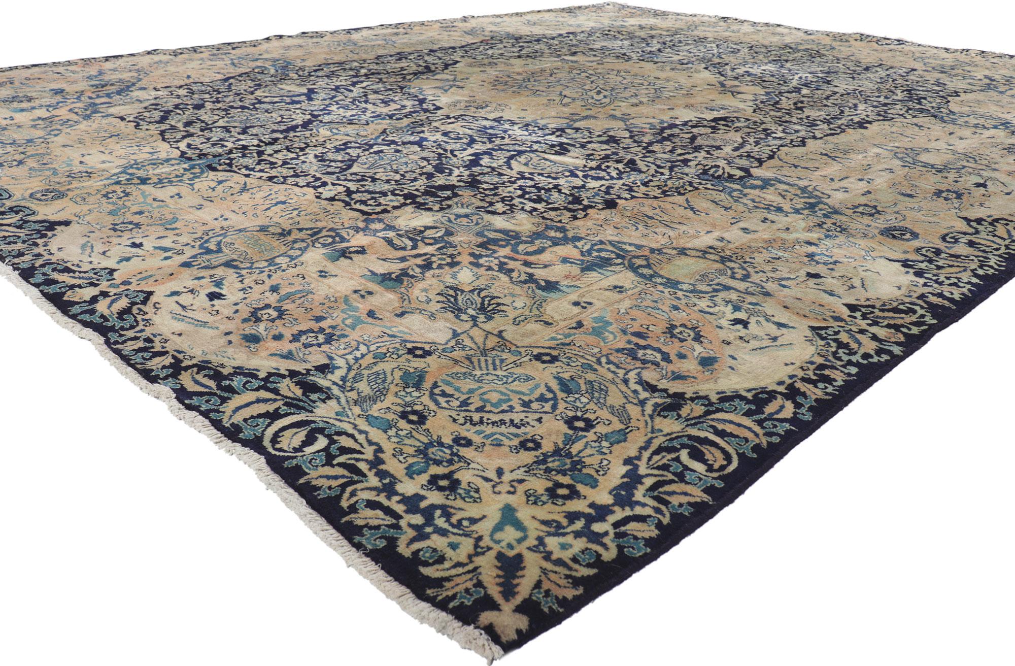 61195 Antique Persian Kerman Rug, 09'11 x 12'07.
With its traditional style, incredible detail and texture, this hand knotted wool antique Persian Kerman rug is a captiating vision of woven beauty. The elaborate vase design and sophisticated color