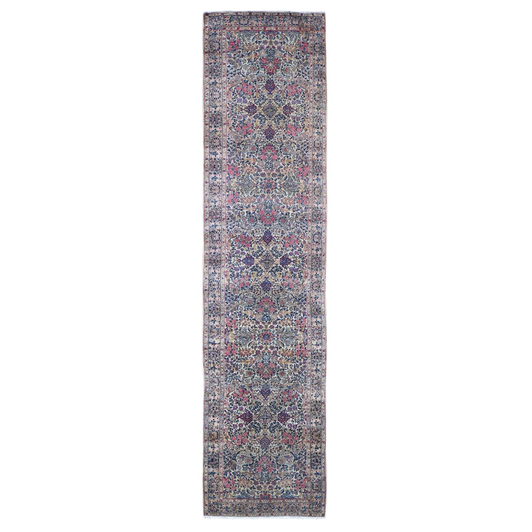 Antique Persian Kerman Runner Good Condition Multicolor Flower and Vase Design For Sale