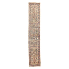 Antique Persian Kerman Runner Rug with Red & Blue Floral Motifs on Ivory Field