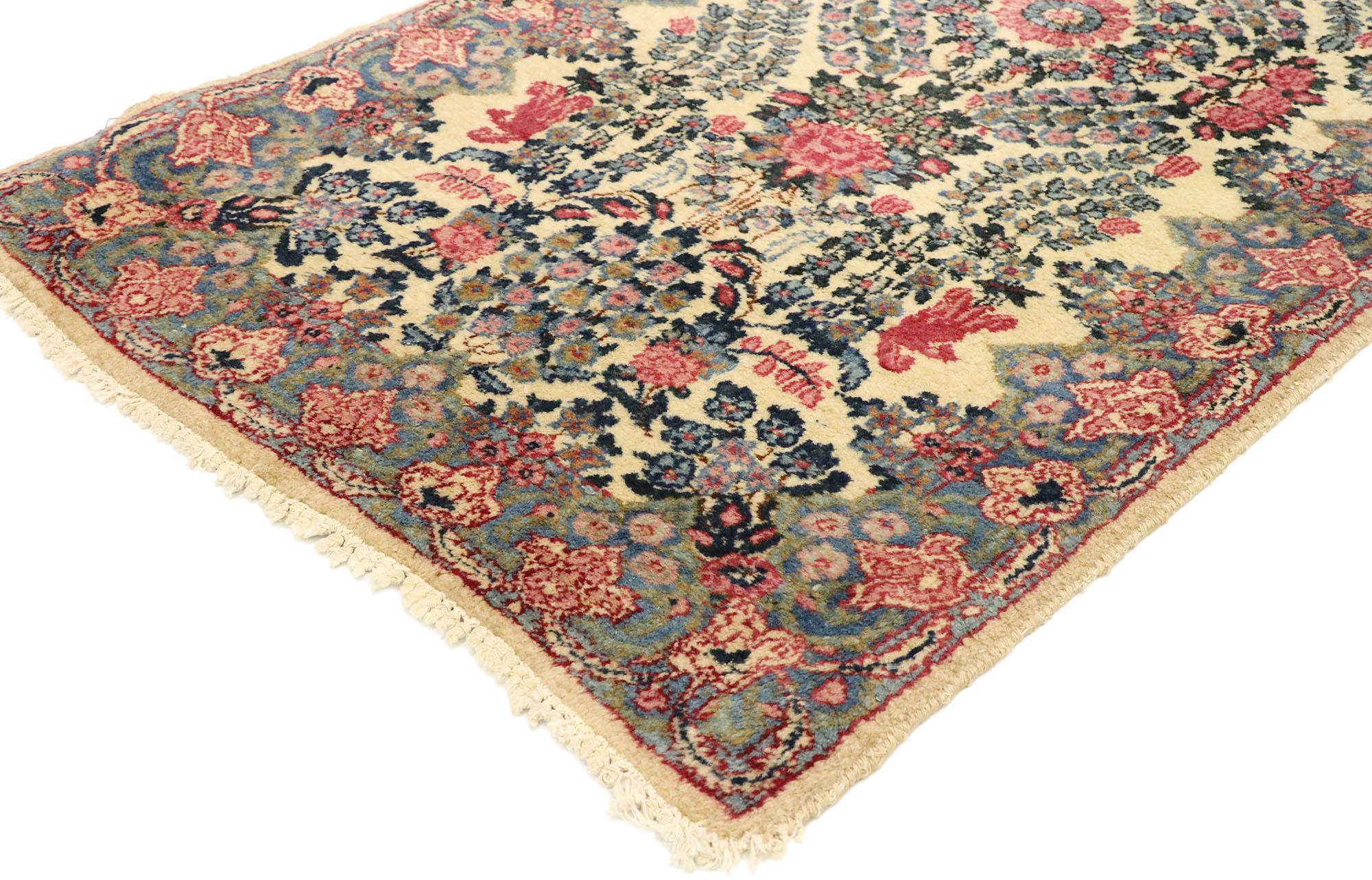 72549 Antique Persian Kerman Scatter Rug with Traditional French Rococo Style 02'01 x 04'00. Sophisticated and refined with a traditional style, this hand knotted wool vintage Persian Kerman rug charms with ease. The abrashed beige field features
