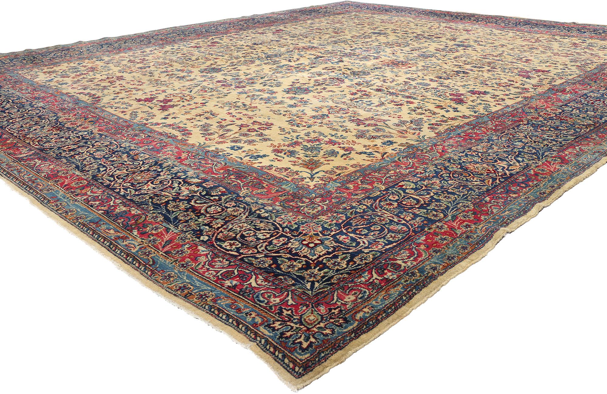 77377 Antique Persian Kerman Rug, 12'10 x 15'02. Kerman rugs with allover flowers, known as vase carpets, are characteristic of the 16th and 17th centuries. They feature an allover pattern of stylized flowers, oversized palmettes, and vases placed