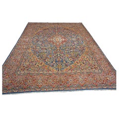 Antique Persian Kerman Wool 10x13 Blue, Orange & Red Handmade Area Rug