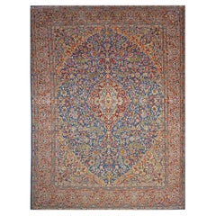Antique Persian Kerman Wool 10x13 Blue, Orange & Red Handmade Area Rug