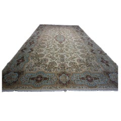 Antique Persian Kerman Wool 11x20 Ivory, Blue & Taupe Handmade Gallery Rug