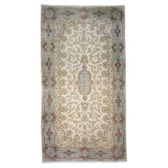 Antique Persian Kerman Wool 11x20 Ivory, Blue & Taupe Handmade Gallery Rug