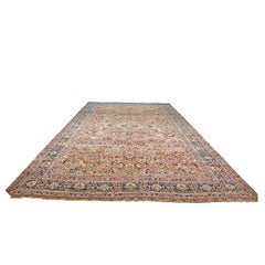 Antique Persian Kerman Wool 14x22 Ivory, Blue & Red Handmade Oversized Area Rug