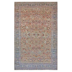 Antique Persian Kerman Wool 14x22 Ivory, Blue & Red Handmade Oversized Area Rug